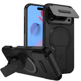 Dteck - Magnetic Case for Apple iPhone 17 Pro Max with Flip Camera Lens Cover,Qi Wireless Charging,Rugged Stand Shockproof Shell - Black