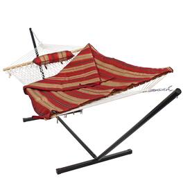 Sunnydaze - Cotton Rope Hammock with Steel Stand and Pad/Pillow - Awning Stripe
