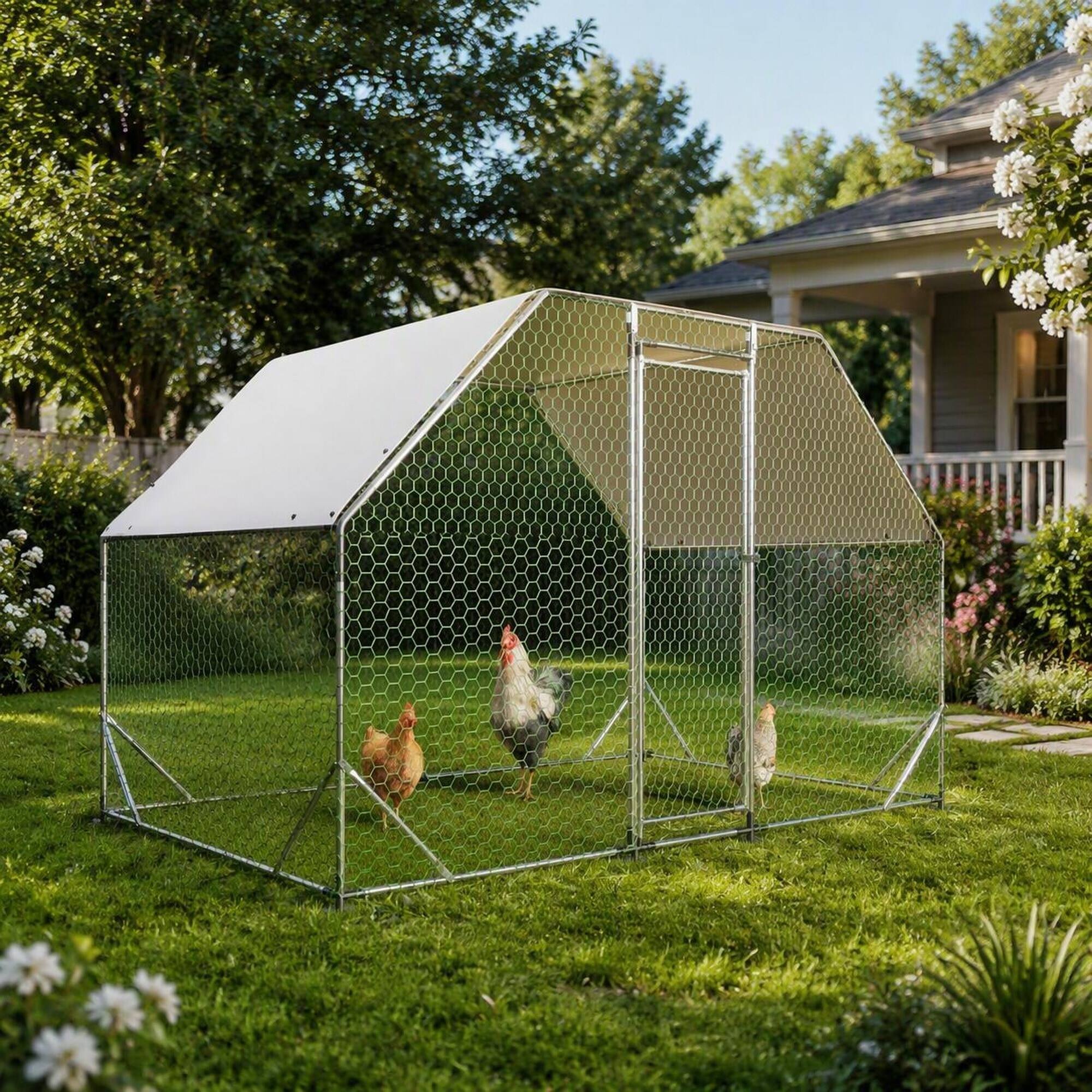 Angle. RYHNUYNE - Walk-in Chicken Coop, Galvanized Metal Poultry Cage Run with Waterproof Cover, UV-Resistant Tarp & Secure Lockable Door.