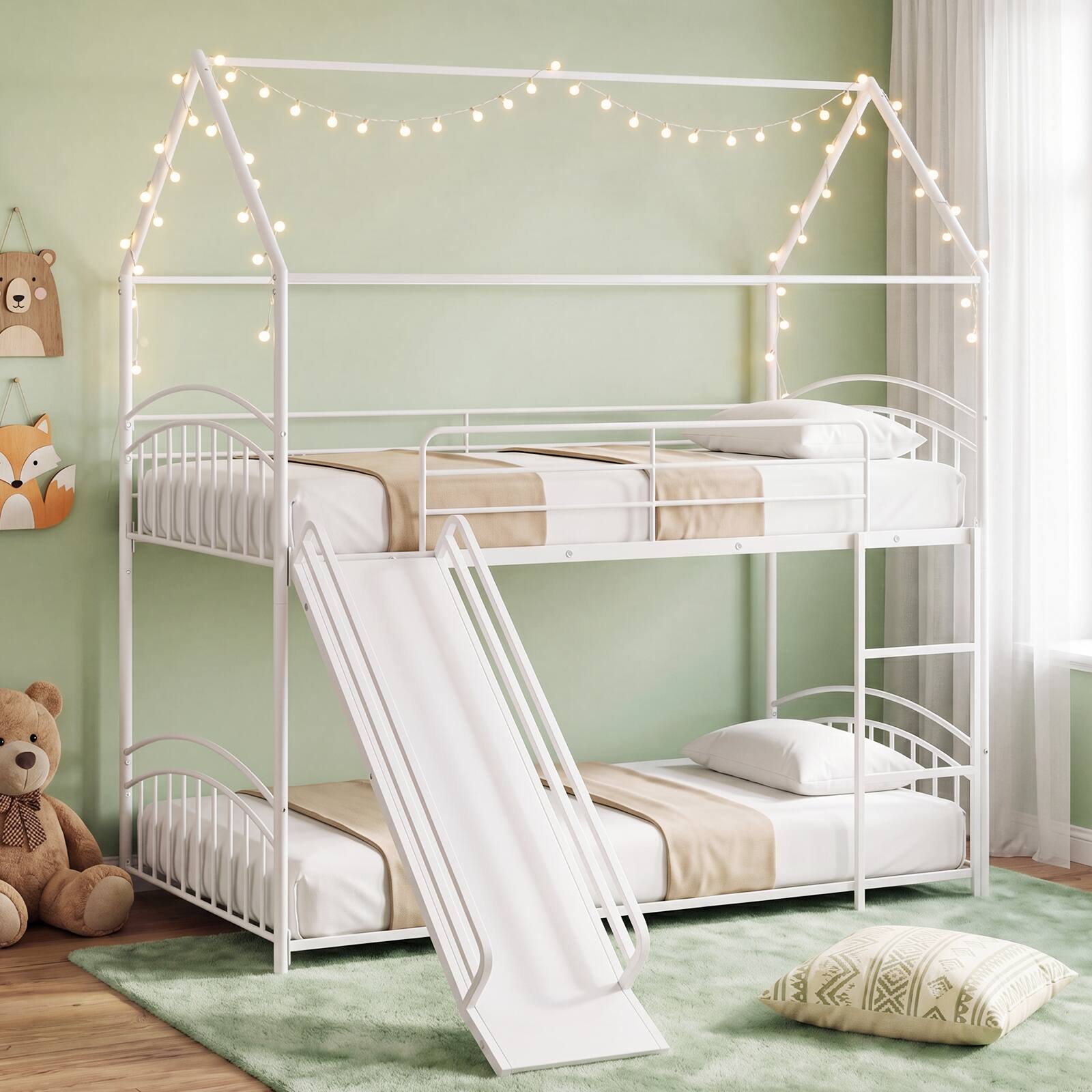 Alt View 3. Gymax - Gymax House Bunk Bed Frame w/ Metal Slats Reversible Ladder & Slide for Bedroom White - White.