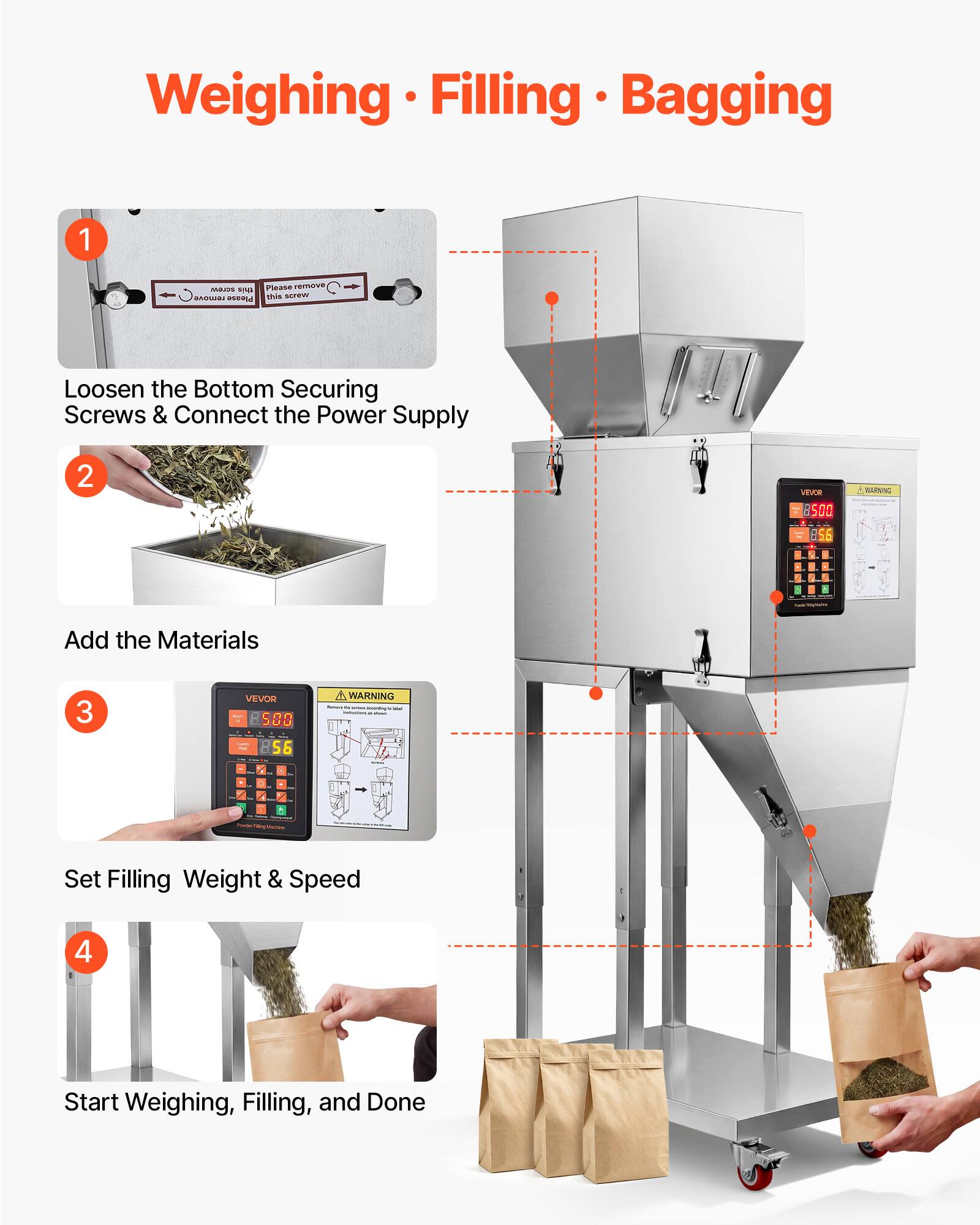 Weighing · Filling · Bagging

1. Loosen the Bottom Securing Screws & Connect the Power Supply
2. Add the Materials
3. Set Filling Weight & Speed
4. Start Weighing, Filling, and Done