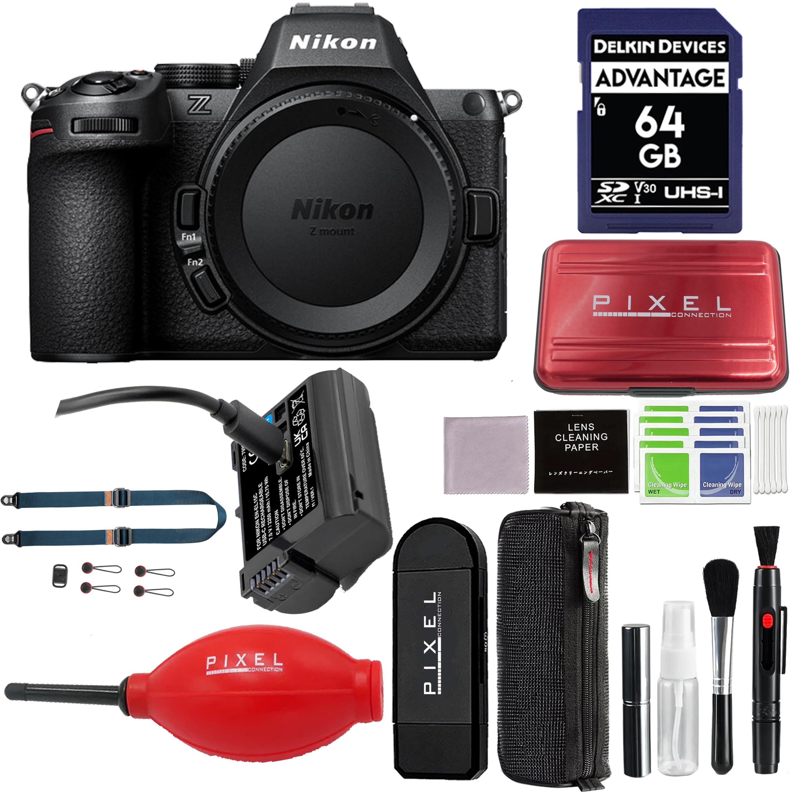 Nikon Z mount  
DELKIN DEVICES ADVANTAGE 64 GB SP V30 UHS-I XC I  
PIXEL CONNECTION  
LENS CLEANING PAPER  
Charger  
Battery Grip  
Lens Cleaning Kit  
Lens Cleaning Wipes  
Lens Cleaning Brush  
Lens Cleaning Spray  
Lens Cleaning Cloth  
Lens Cleaning Kit Box  
Lens Cleaning Kit Bag
