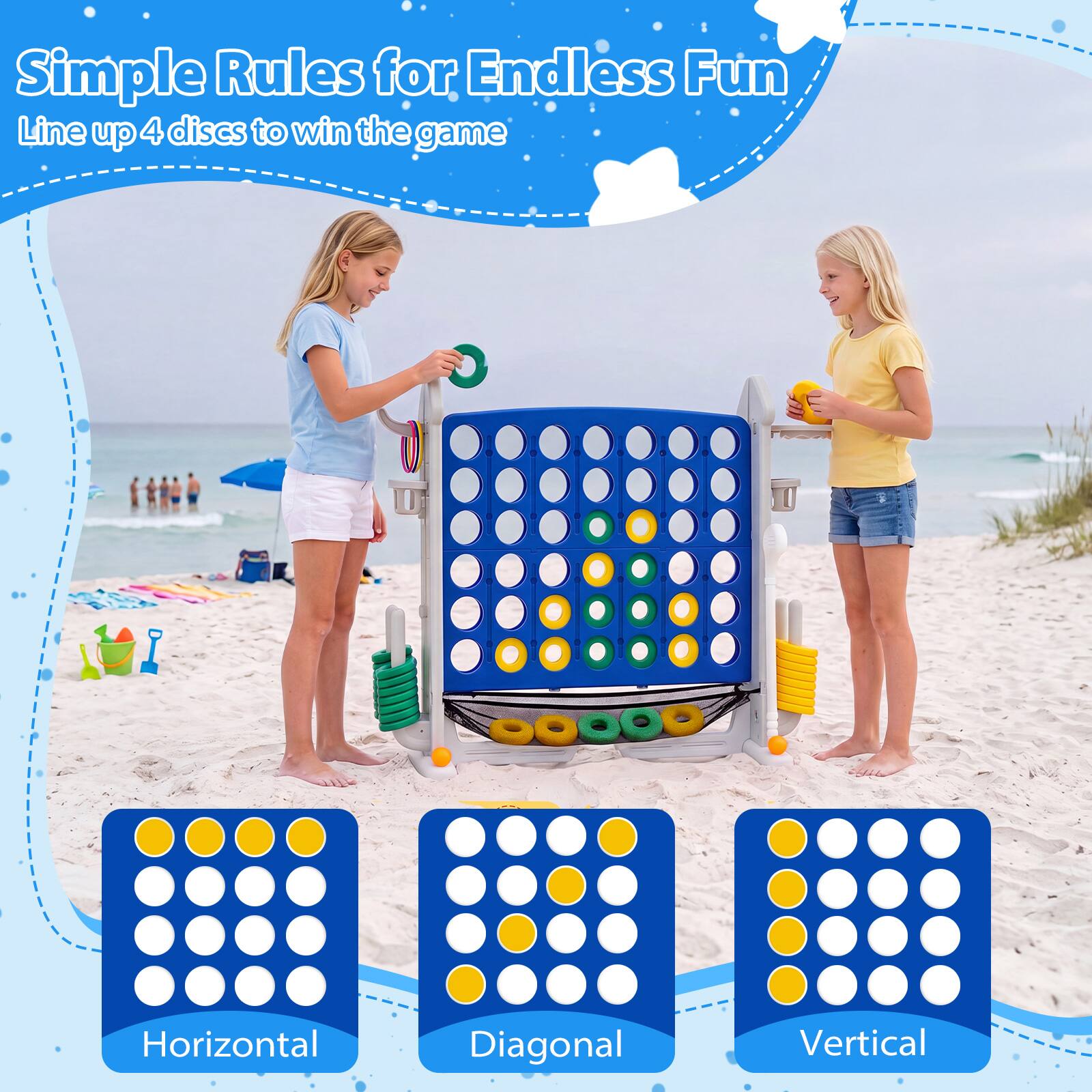 Simple Rules for Endless Fun  
Line up 4 discs to win the game  

Horizontal  
Diagonal  
Vertical