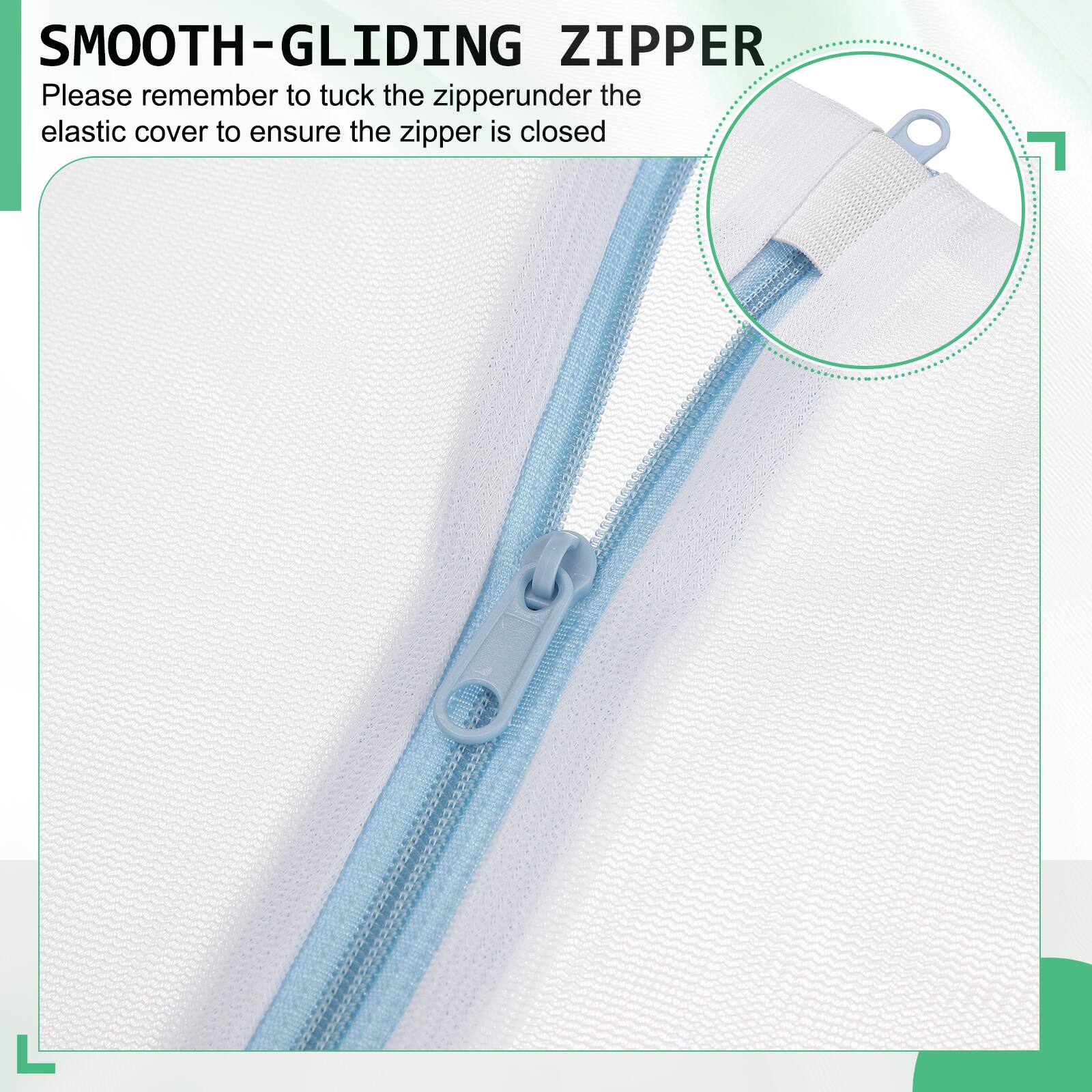 SMOOTH-GLIDING ZIPPER

Please remember to tuck the zipper under the elastic cover to ensure the zipper is closed