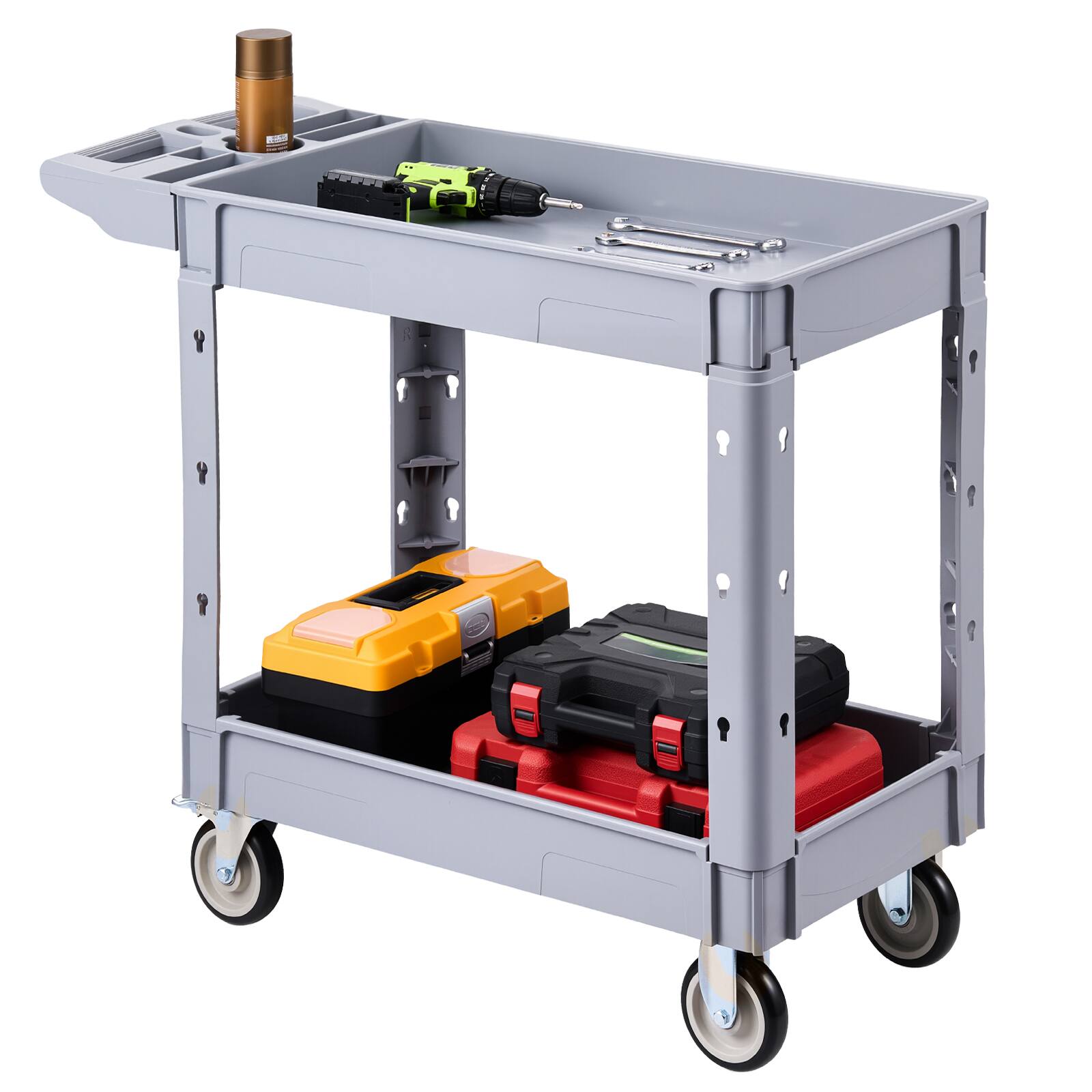 Front. VEVOR - Utility Cart, 550 lbs Capacity, 2 Tier Service Cart with 360° Swivel & Fixed Wheels (2 with Brakes) - Grey.