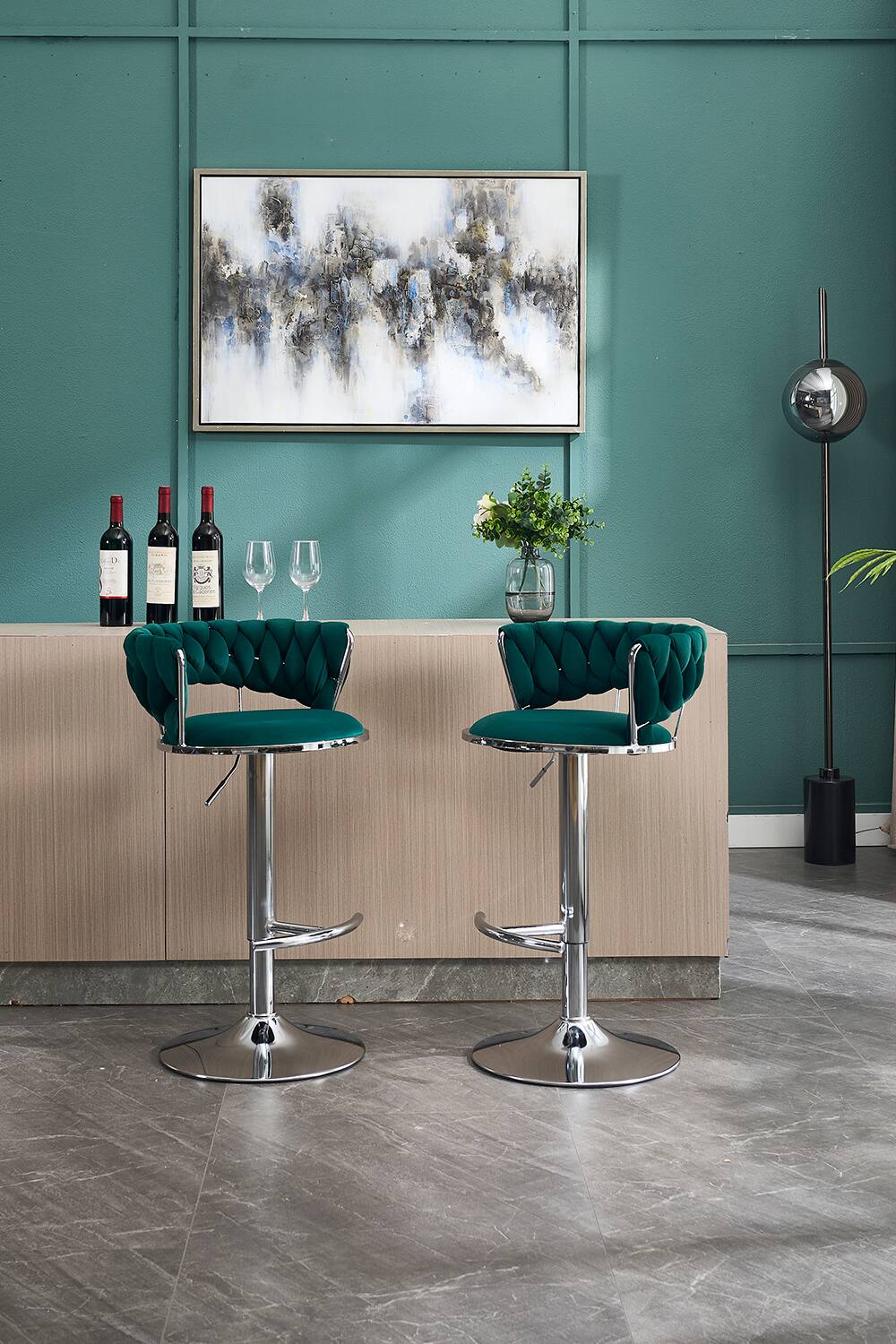 Alt View 4. SlickBlue - Modern Adjustable Bar Stools – Set of 2 Velvet Swivel Chairs with Chrome Legs - Green.
