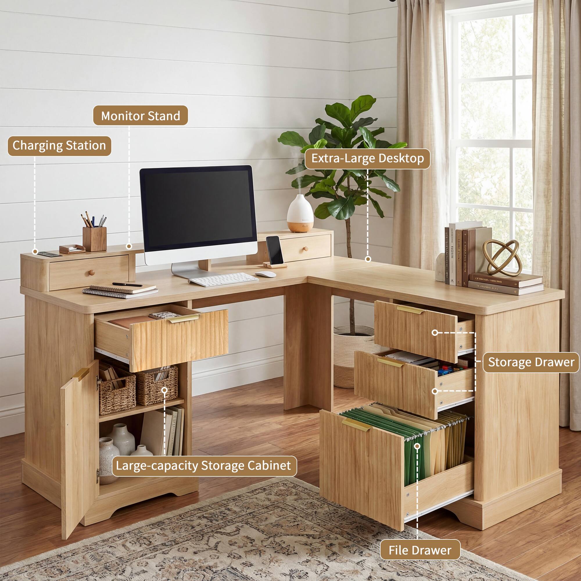 Monitor Stand  
Charging Station  
Extra-Large Desktop  
Large-capacity Storage Cabinet  
Storage Drawer  
File Drawer