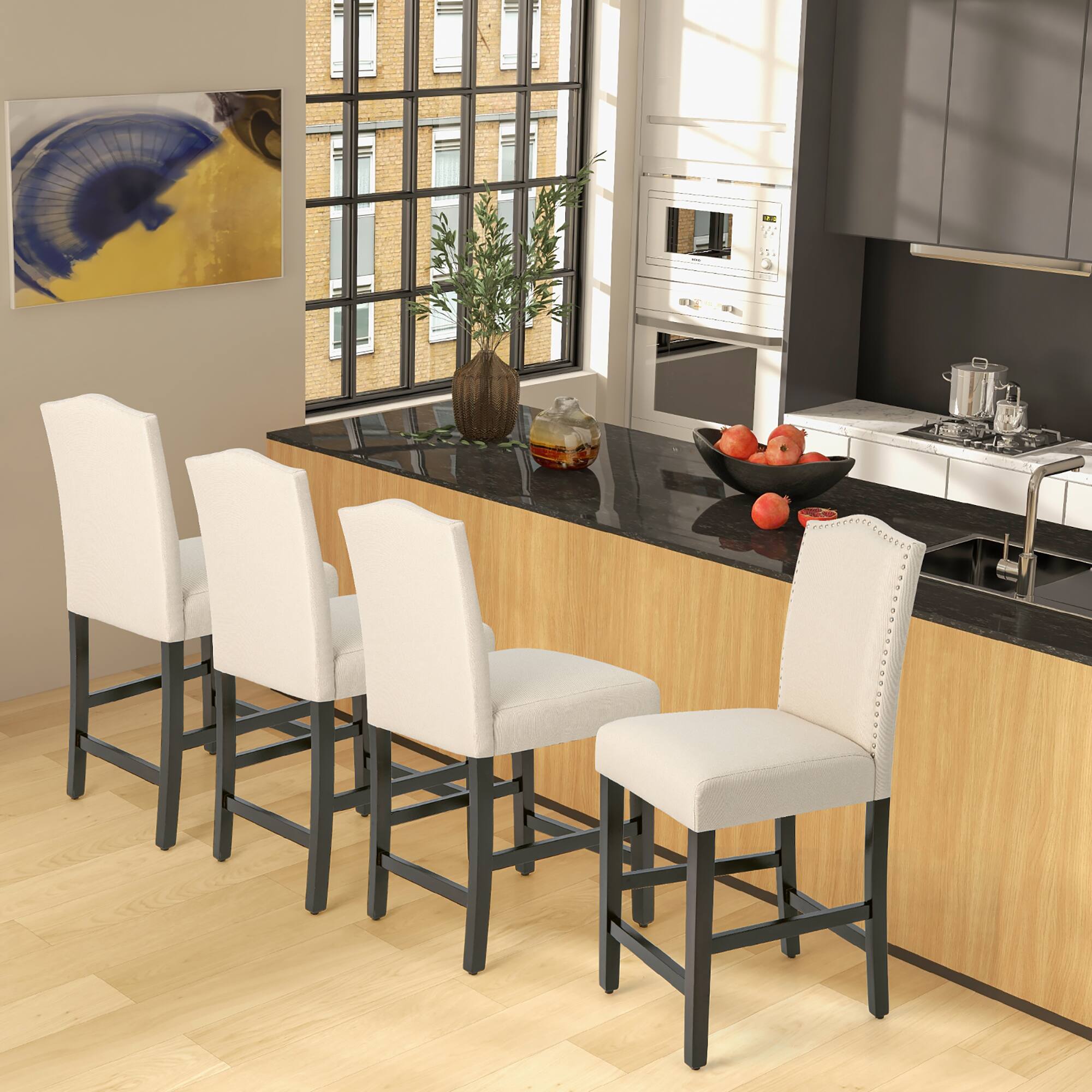 Alt View 1. Costway - Costway 25" Counter Height Chairs Set of 4 Upholstered Bar stools  with Rubber Wood Legs - Beige.