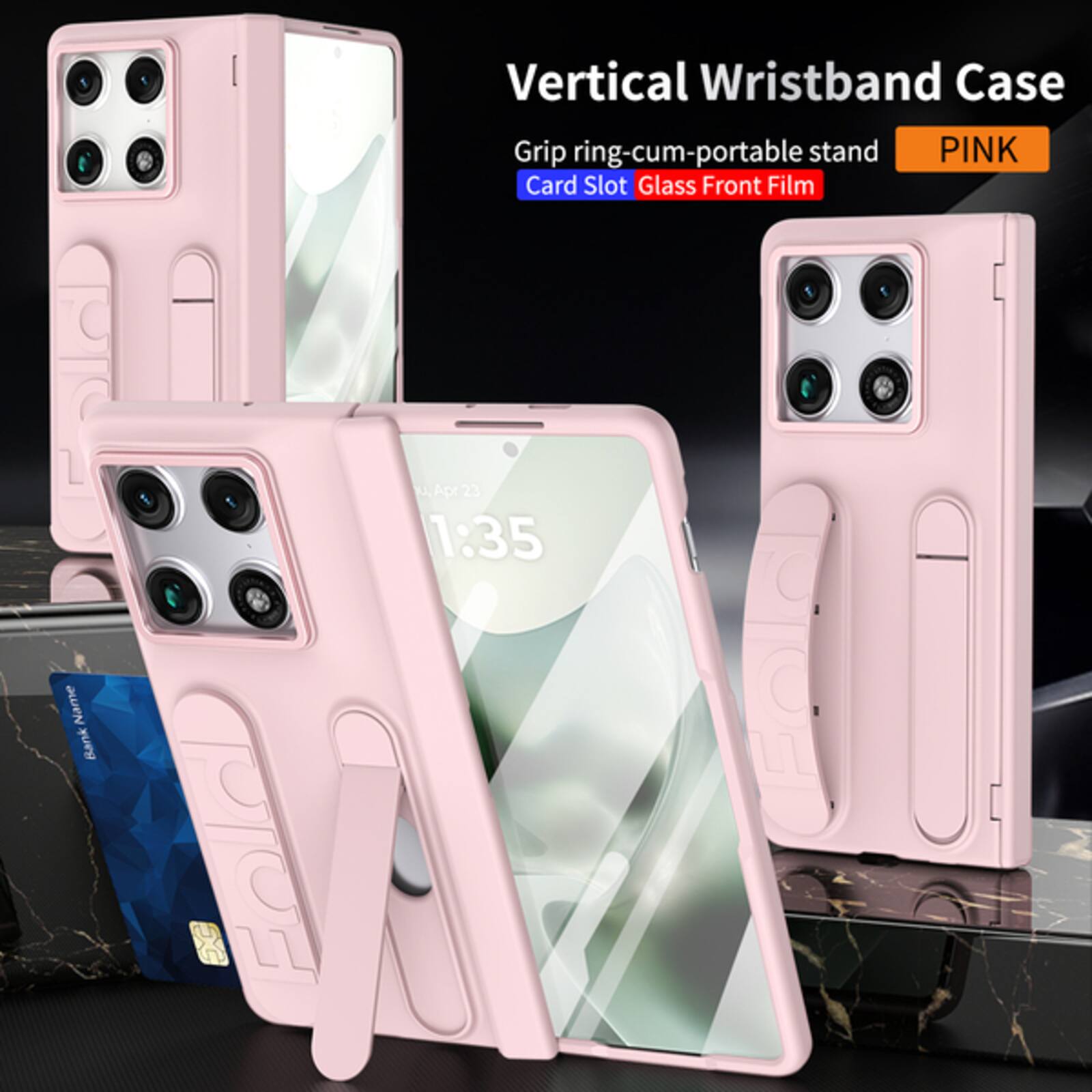 Vertical Wristband Case Grip ring-cum-portable stand PINK Card Slot Glass Front Film