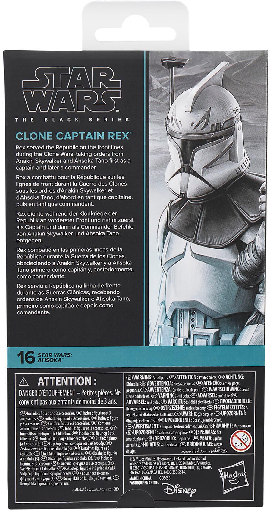 STAR WARS THE BLACK SERIES CLONE CAPTAIN REX served Republic front lines during Clone Wars, taking orders from Anakin Skywalker Ahsoka Tano. He later became a commander.
The package includes a Clone Captain Rex action figure and accessories. The figure is made of plastic and is suitable for children aged 6 and up. The packaging also contains a warning to avoid choking hazards, as small parts may pose a risk.