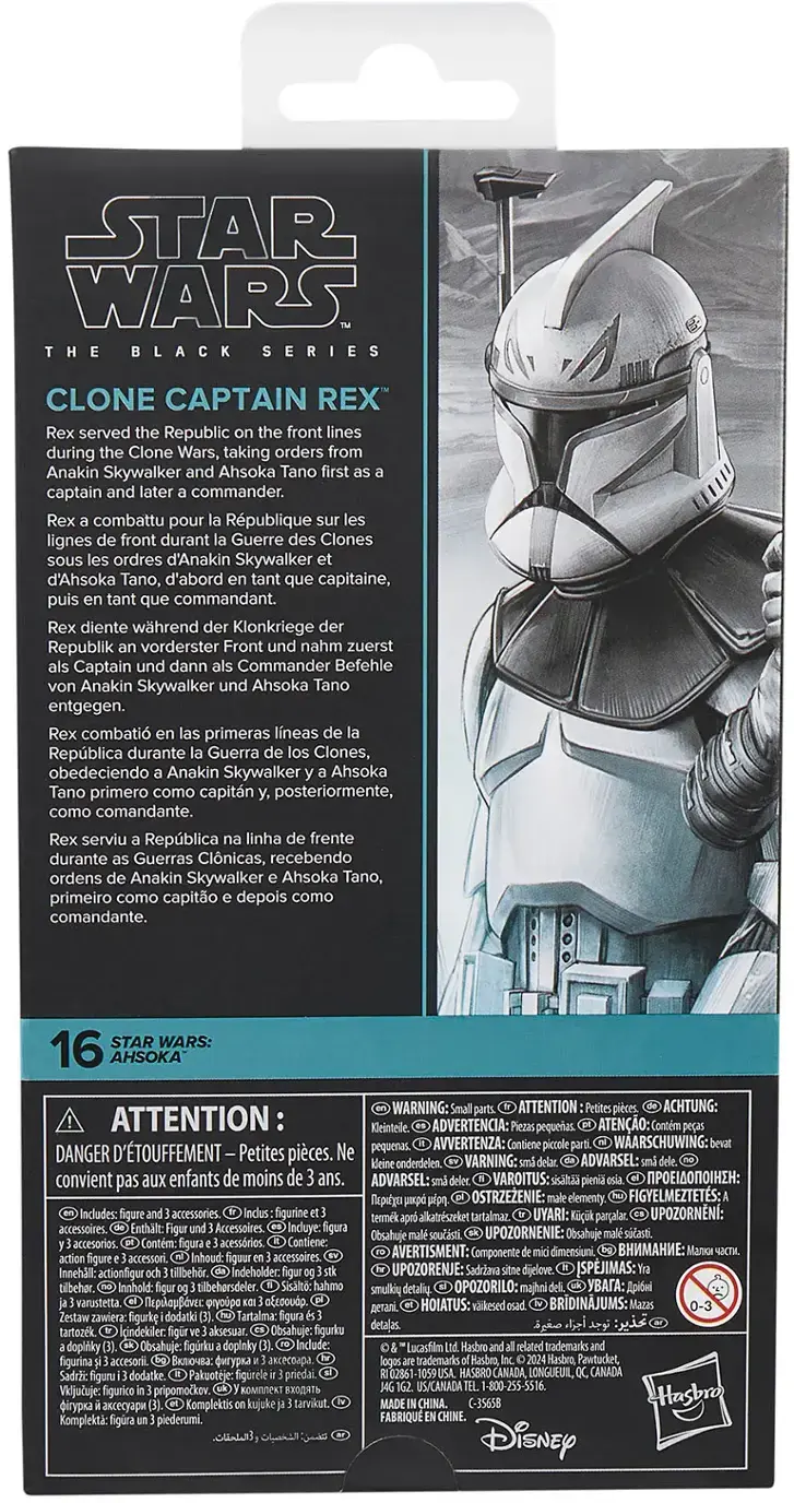 STAR WARS THE BLACK SERIES CLONE CAPTAIN REX served Republic front lines during Clone Wars, taking orders from Anakin Skywalker Ahsoka Tano. He later became a commander.

The package includes a Clone Captain Rex action figure and accessories. The figure is made of plastic and is suitable for children aged 6 and up. The packaging also contains a warning to avoid choking hazards, as small parts may pose a risk.
