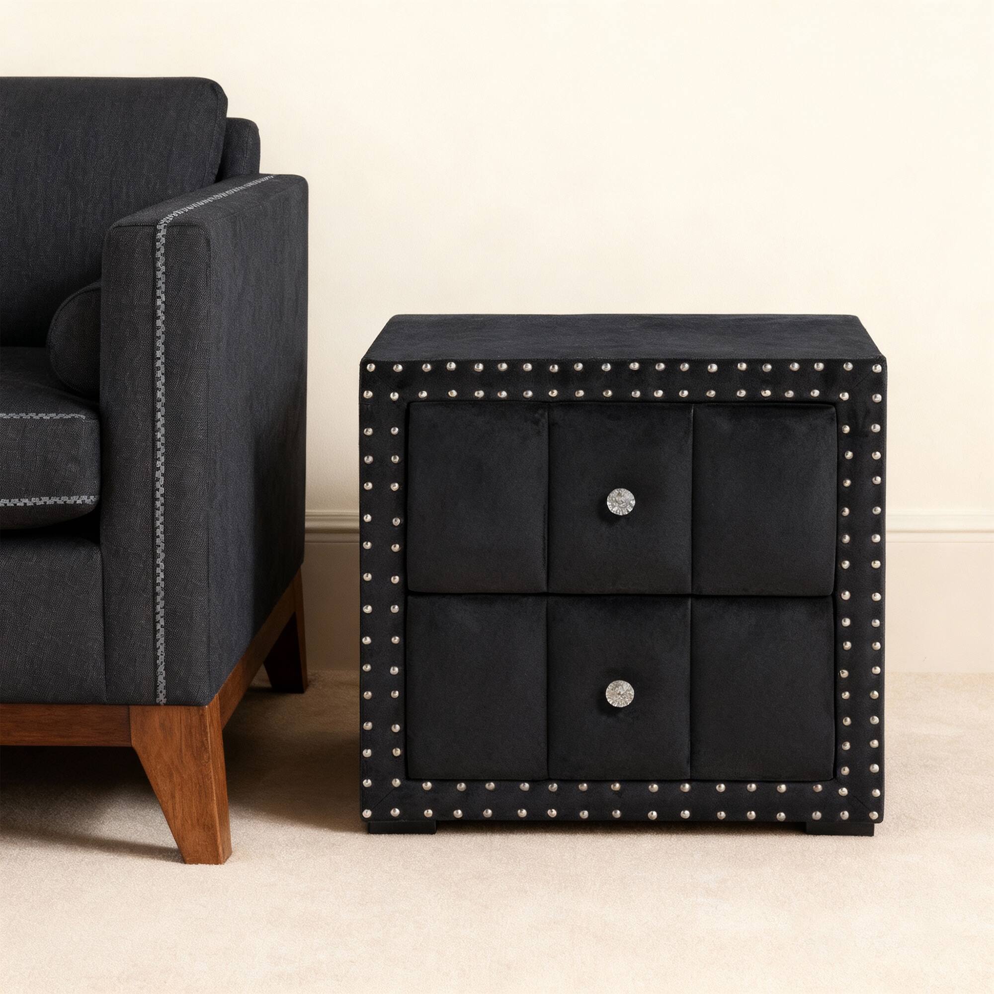 Back. Vaczon - Contemporary Nightstand with Drawers, Nailhead Trim, and Crystal Knobs Bedside Storage for Bedroom Organization - Black.