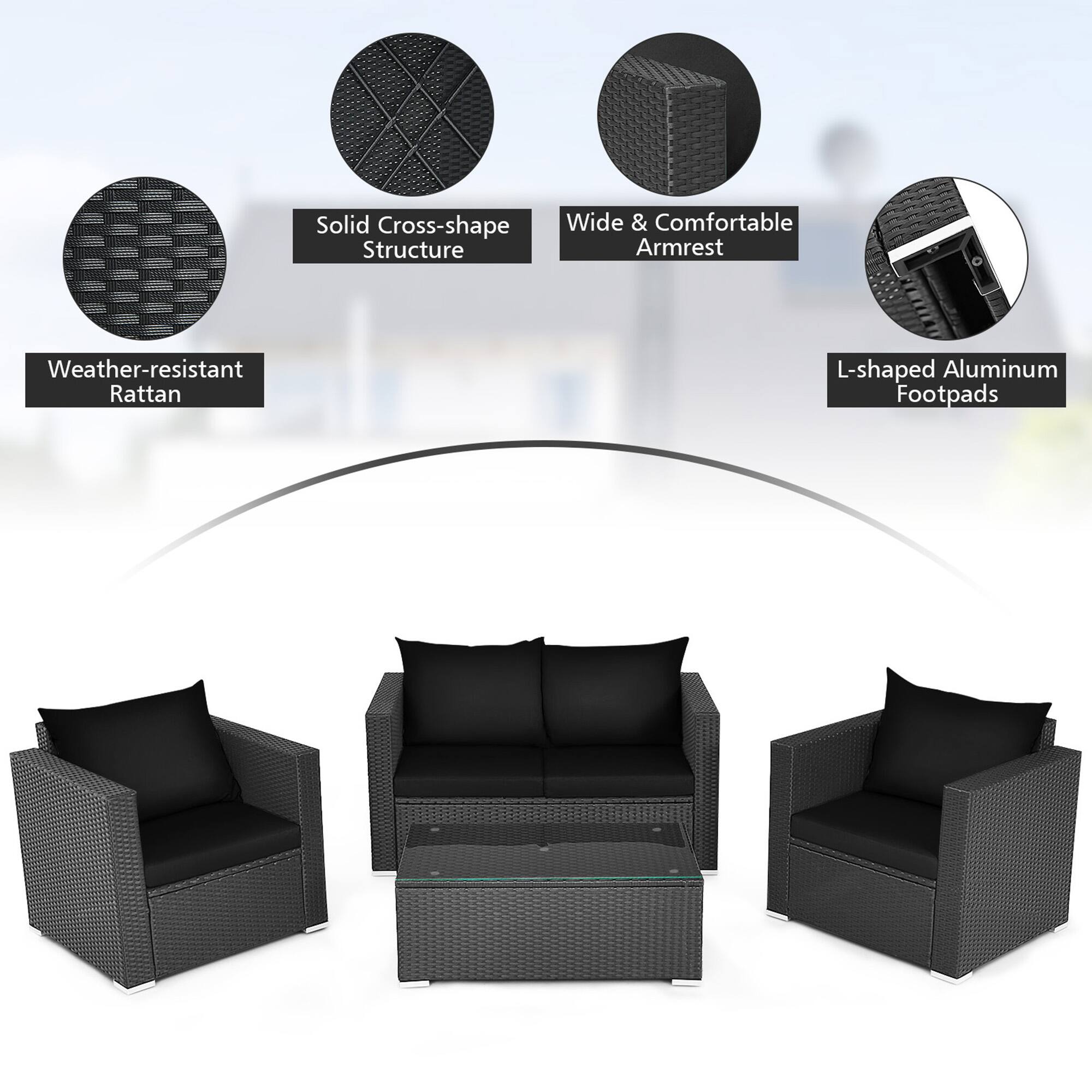 Solid Cross-shape, Weather-resistant Rattan, Wide & Comfortable Armrest, L-shaped Aluminum Footpads