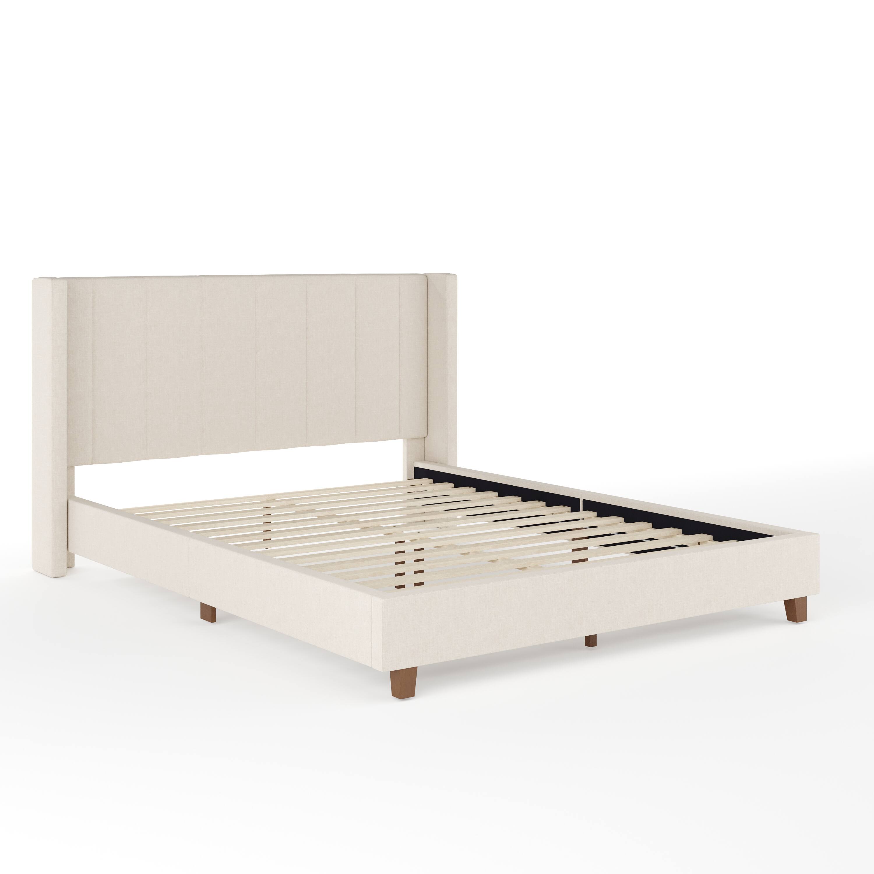 Alt View 11. Martha Stewart - Kay Faux Linen Queen Size Platform Bed with Channel Stitched Headboard - Beige Fabric/Walnut Legs.