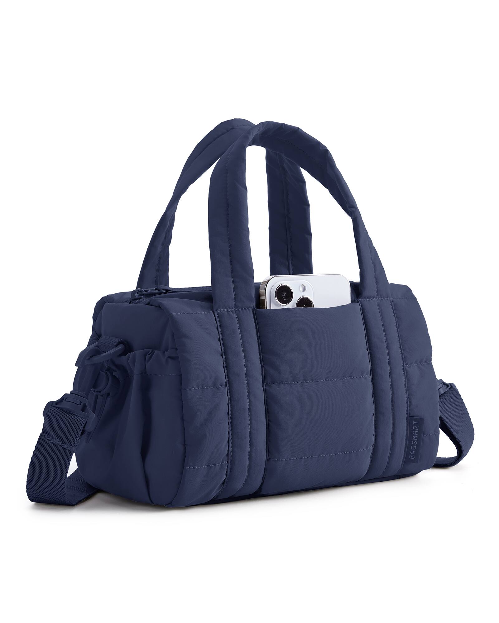 Front. Bagsmart - Mini Quilted Crossbody Gym Bag, Lightweight Small Duffle Purse with Detachable Shoulder Strap for Women - Navy Blue.