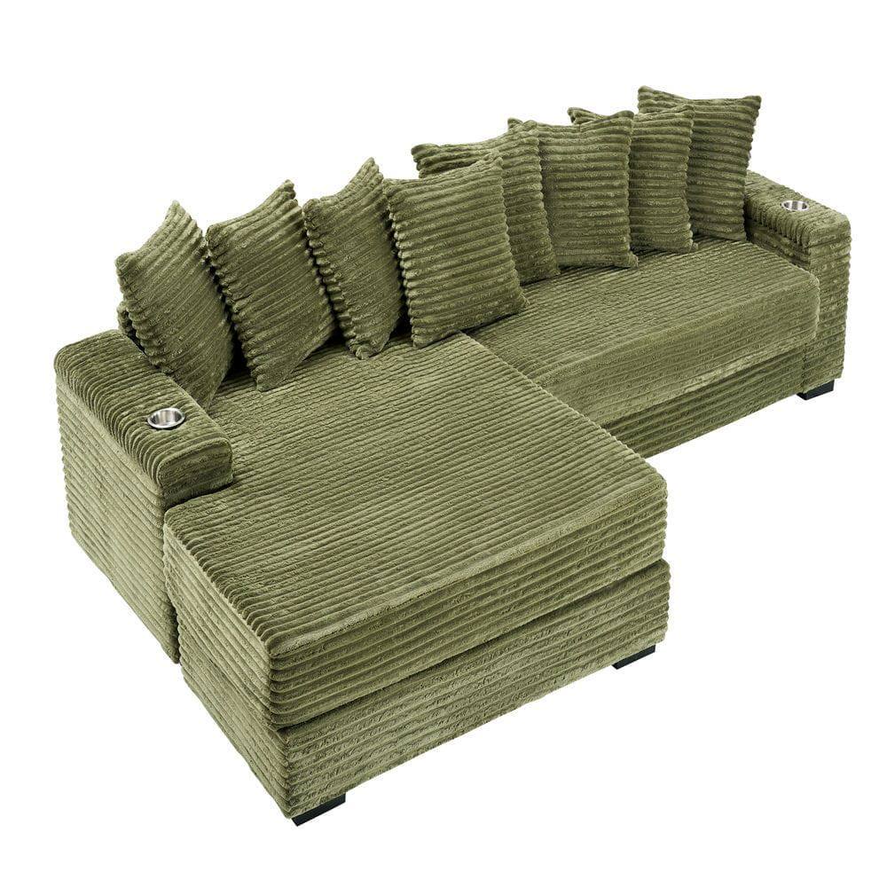 Alt View 4. Kadyn - 111.4" Reversible Chaise Sectional, Corduroy Fabric with Armrest Storage and Cup Holders, Green - Green.