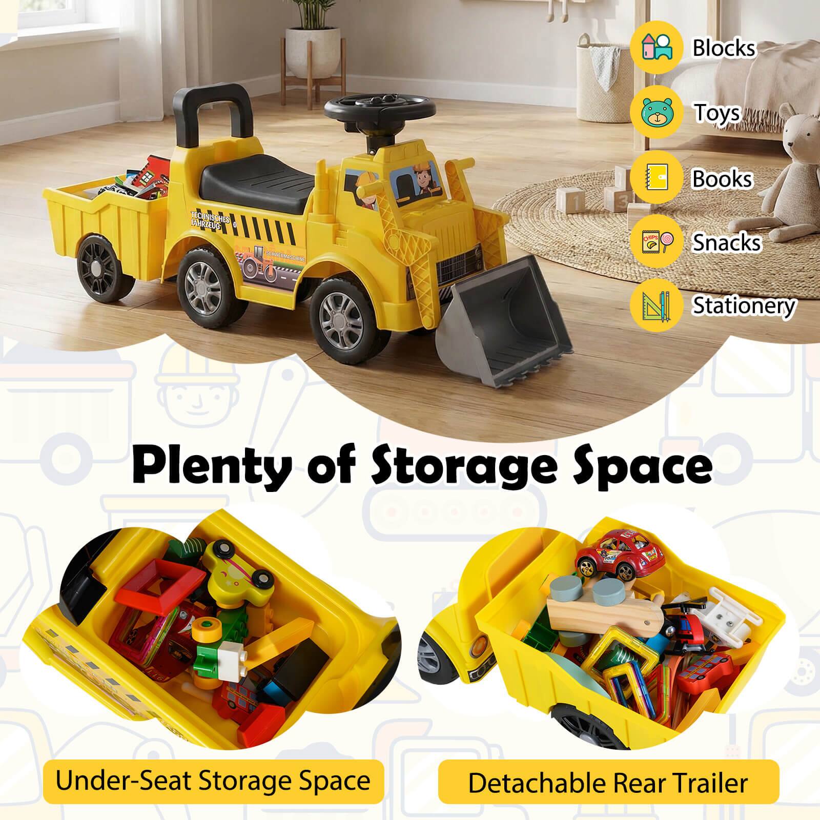 Blocks  
Toys  
Books  
Snacks  
Stationery  

Plenty of Storage Space  
Under-Seat Storage Space  
Detachable Rear Trailer