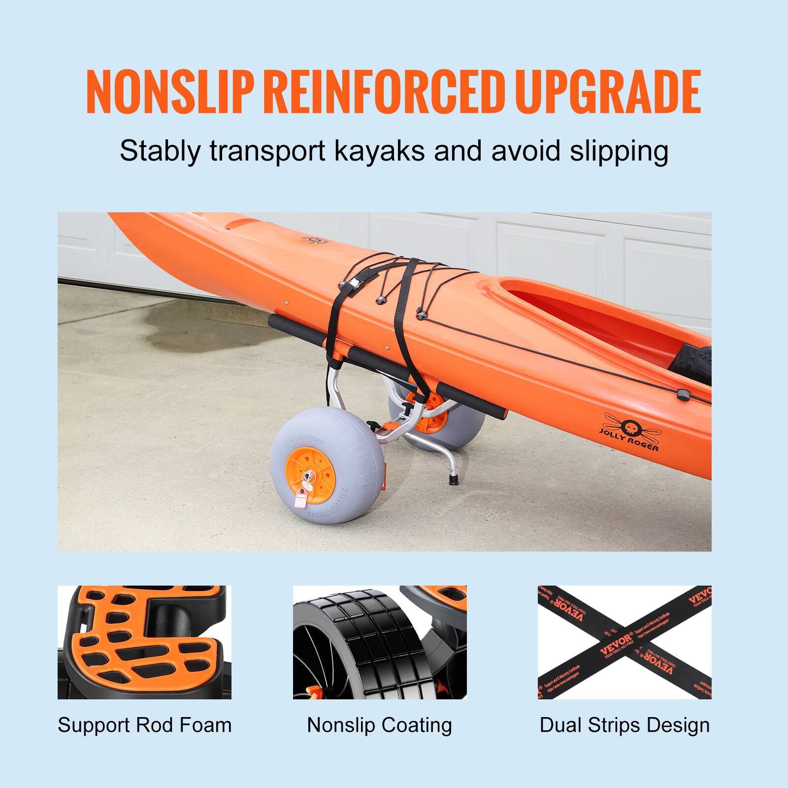 Nonslip Reinforced Upgrade  
Stably transport kayaks and avoid slipping  

JOLLY ROGER  

Support Rod Foam  
Nonslip Coating  
Dual Strips Design