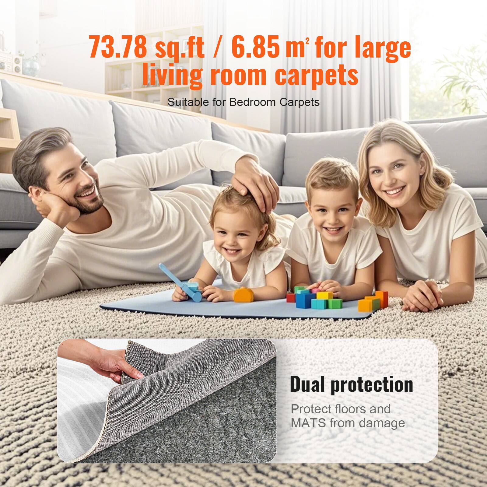 73.78 sq.ft / 6.85 m² for large living room carpets  
Suitable for Bedroom Carpets  

Dual protection  
Protect floors and MATS from damage