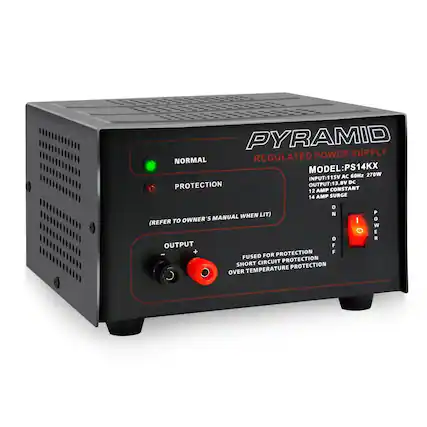 PYRAMID REGULATED POWER SUPPLY
NORMAL MODEL: PS14KX
15V AC 60Hz 270W
INPUT: 1
OUTPUT: 13.8V DC
PROTECTION CONSTANT 12 AMP
14 AMP SURGE
(REFER TO OWNER'S MANUAL WHEN LIT)
FUSED FOR PROTECTION
SHORT CIRCUIT PROTECTION
OVER TEMPERATURE PROTECTION