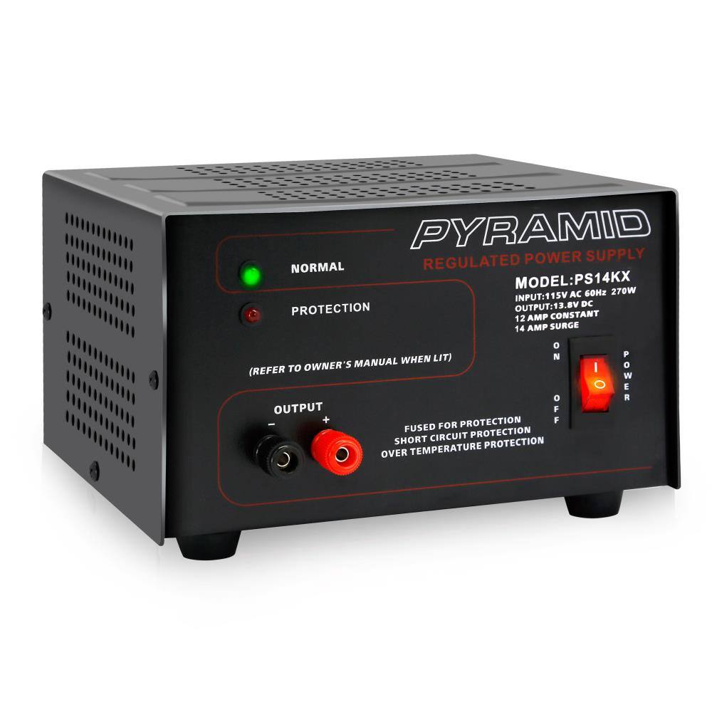 PYRAMID REGULATED POWER SUPPLY  
NORMAL MODEL: PS14KX  
15V AC 60Hz 270W  
INPUT: 1  
OUTPUT: 13.8V DC  
PROTECTION CONSTANT 12 AMP  
14 AMP SURGE  
(REFER TO OWNER'S MANUAL WHEN LIT)  
FUSED FOR PROTECTION  
SHORT CIRCUIT PROTECTION  
OVER TEMPERATURE PROTECTION