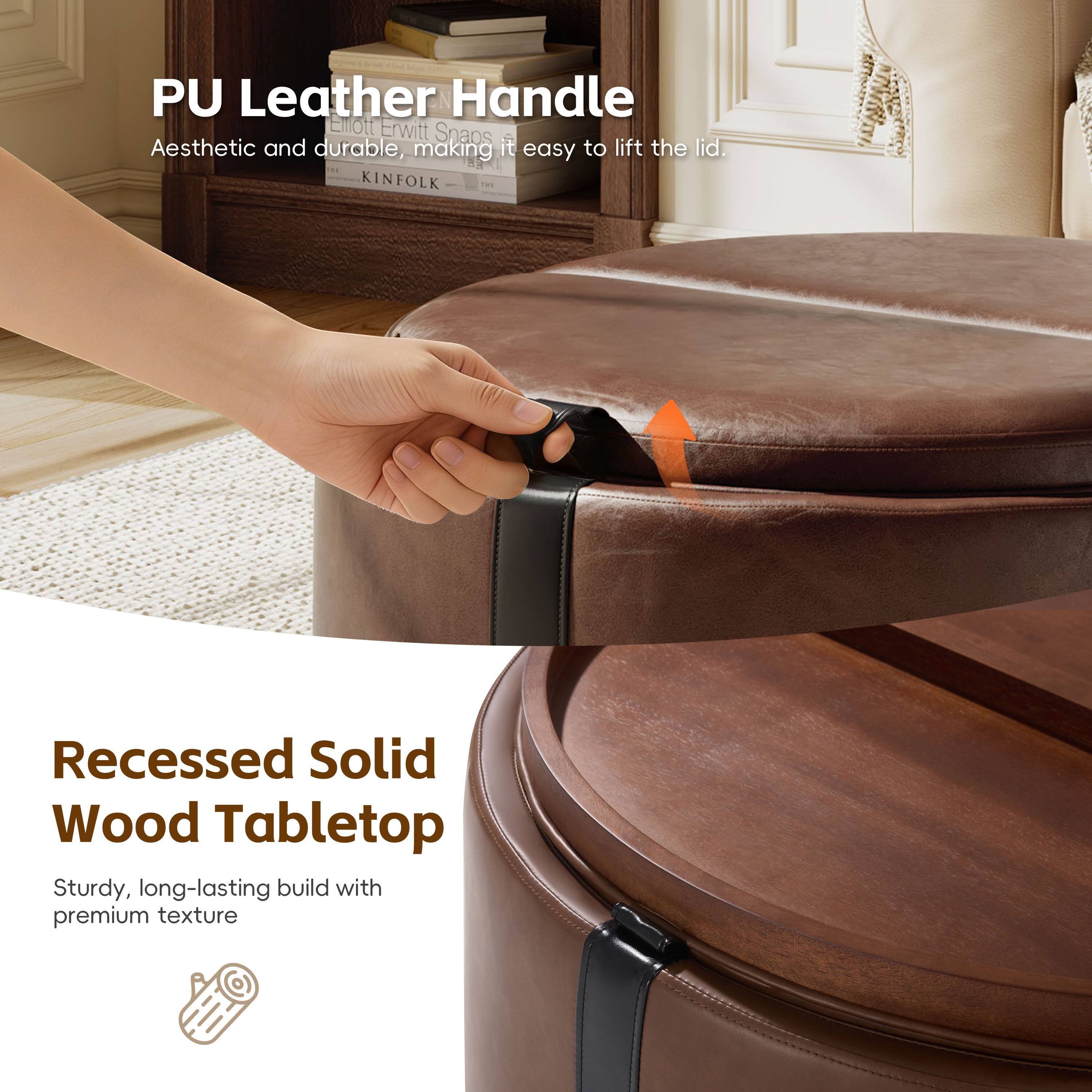 PU Leather Handle  
Elliott Erwitt Snaps  
Aesthetic and durable, making it easy to lift the lid.  

KINFOLK  

Recessed Solid Wood Tabletop  
Sturdy, long-lasting build with premium texture