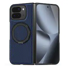Front. Dteck - Magnetic Carbon Fiber Pattern Case for Google Pixel 10 Pro Fold with Stand, Shockproof Rigid Plastic Faux Leather Cover - Darkblue.