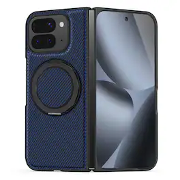 Dteck - Magnetic Carbon Fiber Pattern Case for Google Pixel 10 Pro Fold with Stand, Shockproof Rigid Plastic Faux Leather Cover - Darkblue