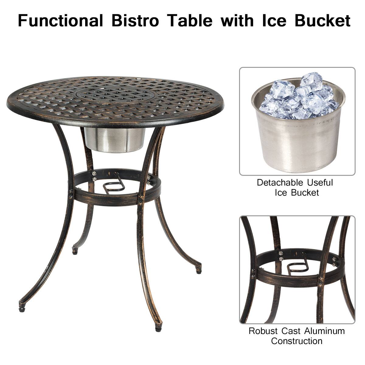 Functional Bistro Table with Ice Bucket

Detachable Useful Ice Bucket

Robust Cast Aluminum Construction