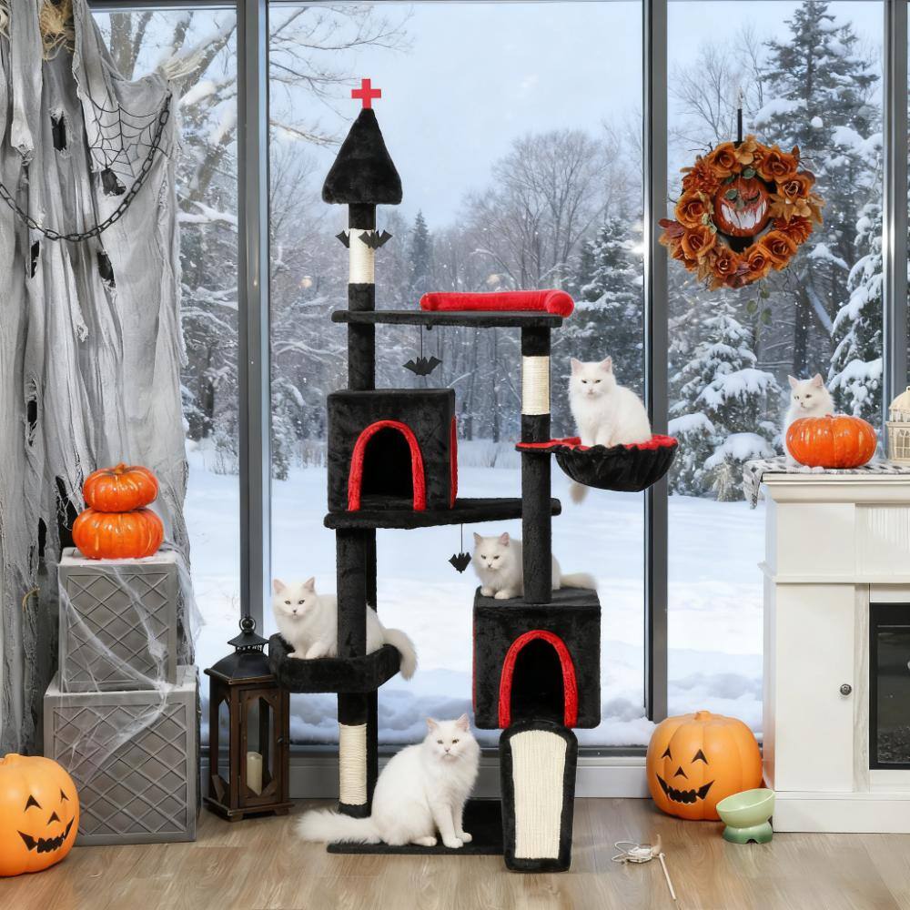Alt View 3. Siljoy - 78" Gothic Castle Cat Tree Tower with Bat Teaser Balls, Black Red Trim Design, Two Condos & Coffin Bed.