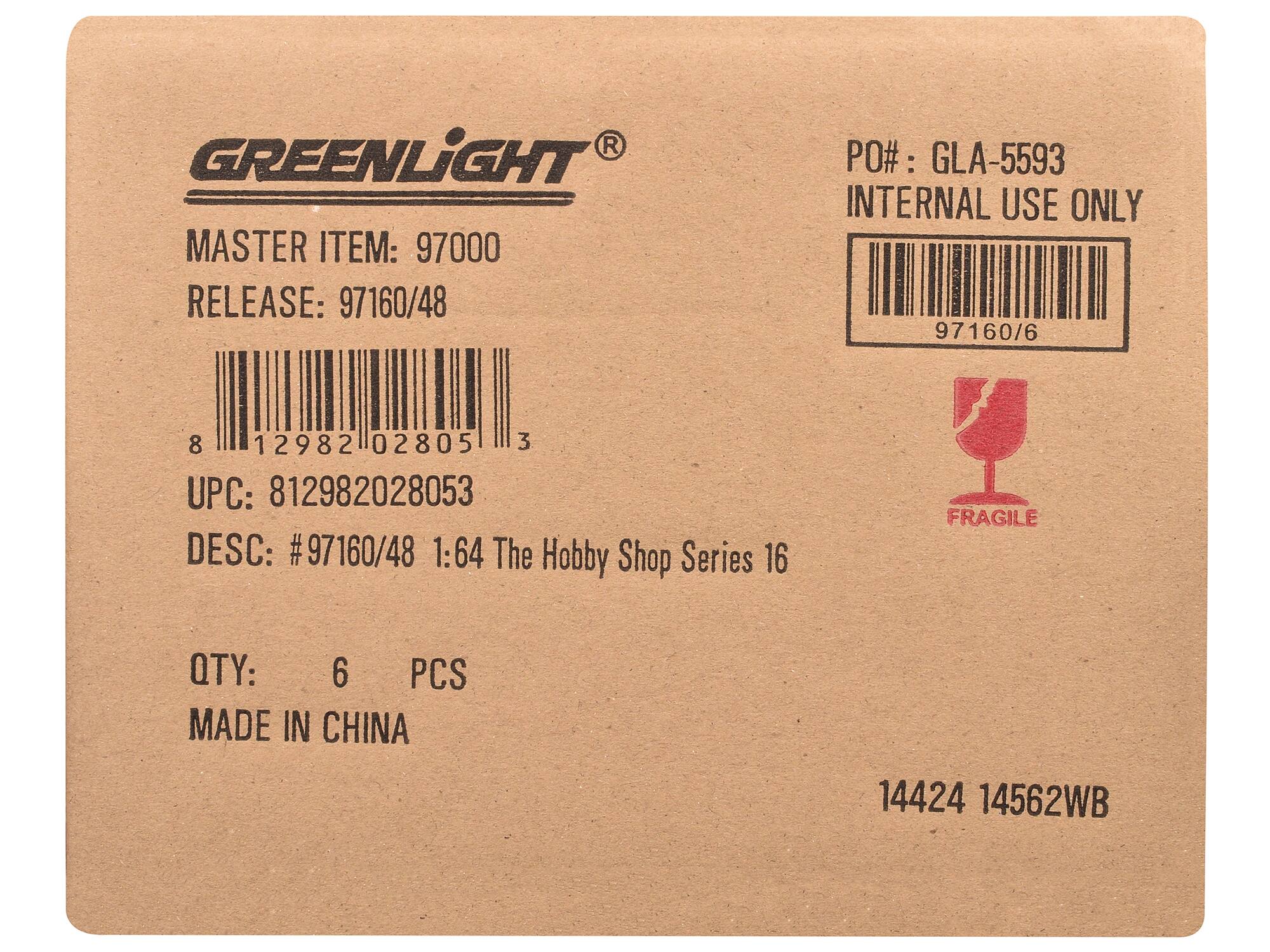 GREENLIGHT®  
MASTER ITEM: 97000  
RELEASE: 97160/48  
UPC: 812982028053  
DESC: #97160/48 1:64 The Hobby Shop Series 16  
QTY: 6 PCS  
MADE IN CHINA  

PO#: GLA-5593  
INTERNAL USE ONLY  
97160/6  
FRAGILE  

14424 14562WB