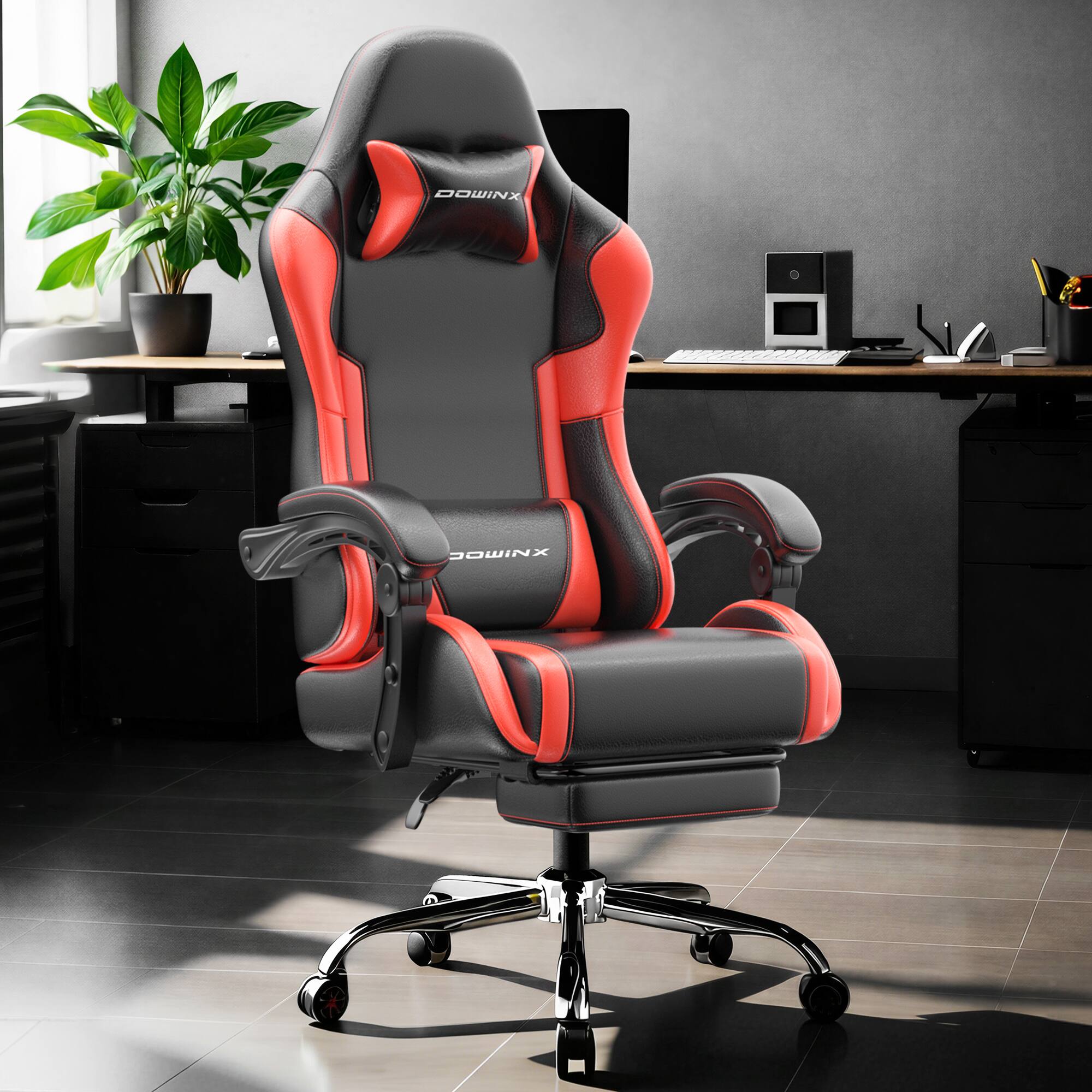 Alt View 3. Dowinx - Ergonomic Gaming Chair with Footrest, Reclining Office Chair with Massage Lumbar Support & Adjustable Headrest for Adult - Black Red.