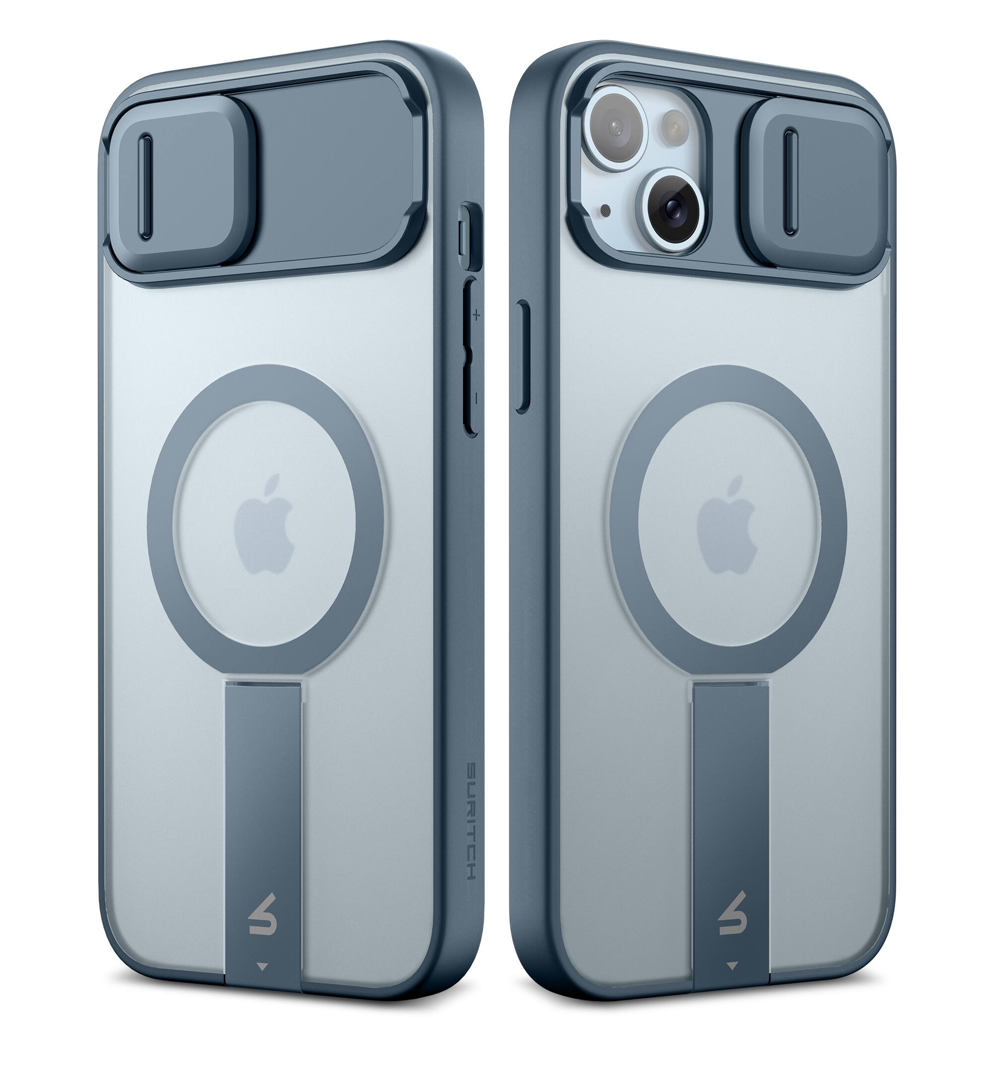 Angle. SURITCH - Rugged Case for iPhone 14 Plus/15 Plus, Compatible with MagSafe, Built-in Kickstand & Camera Cover & Translucent Back - Deep Blue.