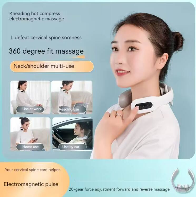 Kneading hot compress electromagnetic massage  
L defeat cervical spine soreness  
360 degree fit massage  
Neck/shoulder multi-use  

Use at work  
Reading use  
Home use  
Use by car  

Your cervical spine care helper  
Electromagnetic pulse  
20-gear force adjustment forward and reverse massage