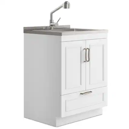 Front. Simpli Home - Cardinal All-in-One 28-inch Utility Sink & Cabinet - Pure White.