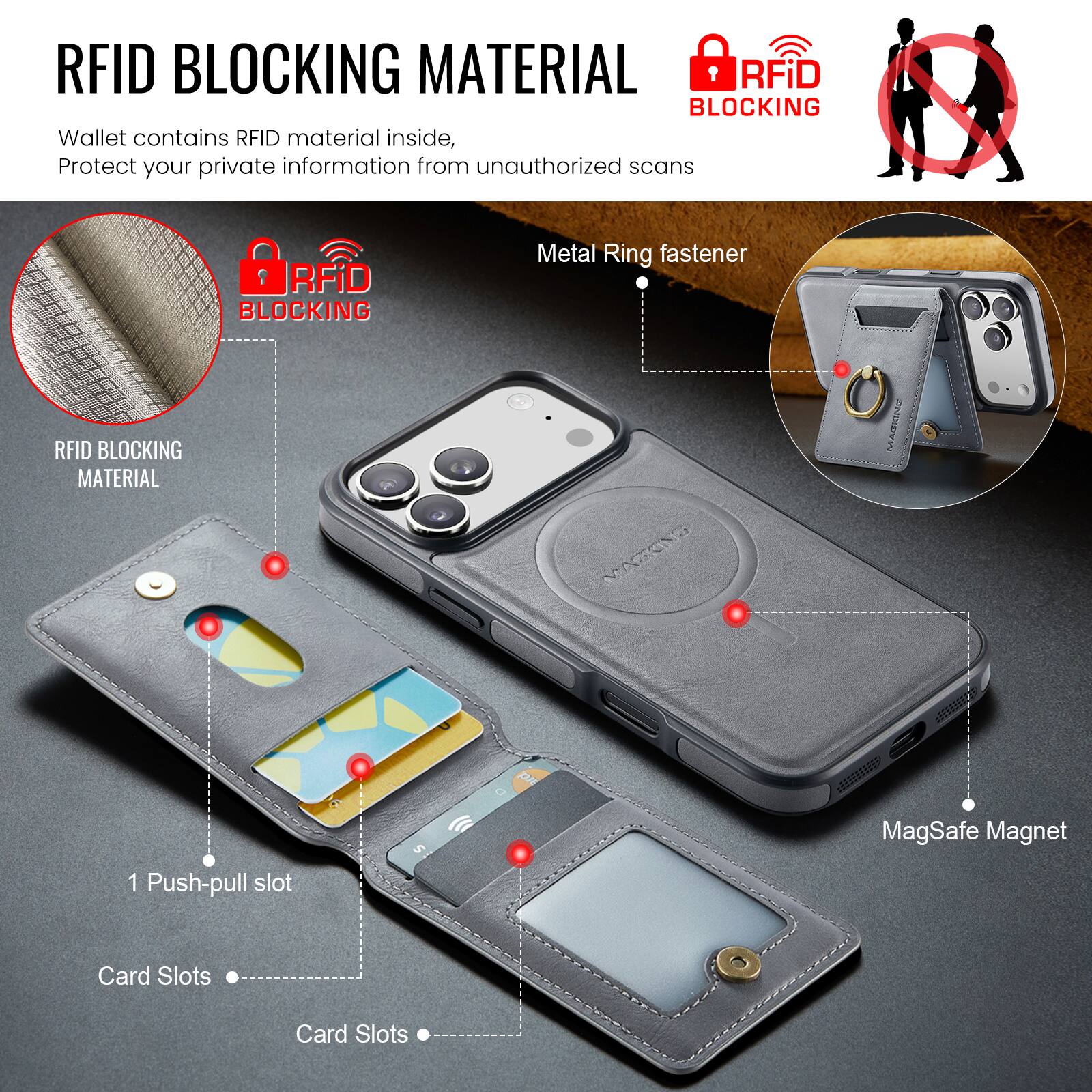RFID BLOCKING MATERIAL

Wallet contains RFID material inside, Protect your private information from unauthorized scans

RFID BLOCKING MATERIAL

RFID BLOCKING

Metal Ring fastener

1 Push-pull slot

Card Slots

MagSafe Magnet