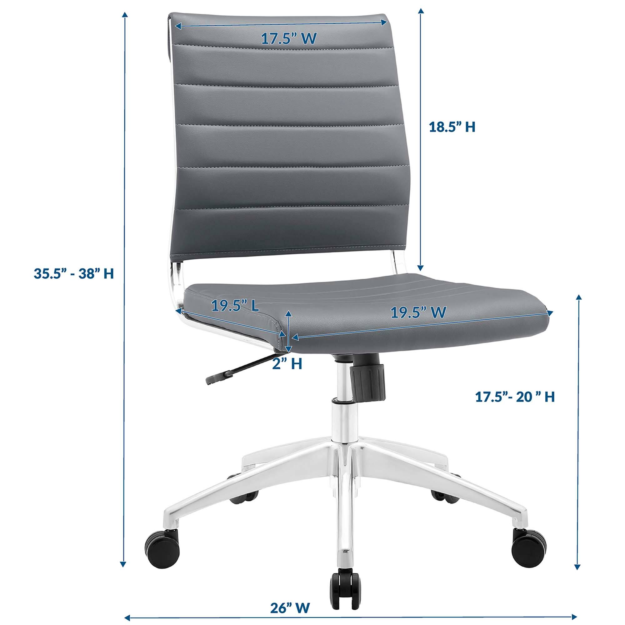 - Width (W): 17.5"
- Height (H) of backrest: 18.5"
- Height (H) of seat: 2"
- Seat depth (L): 19.5"
- Seat width (W): 19.5"
- Height (H) adjustment range: 17.5" - 20"
- Overall height (H): 35.5" - 38"
- Base width (W): 26"