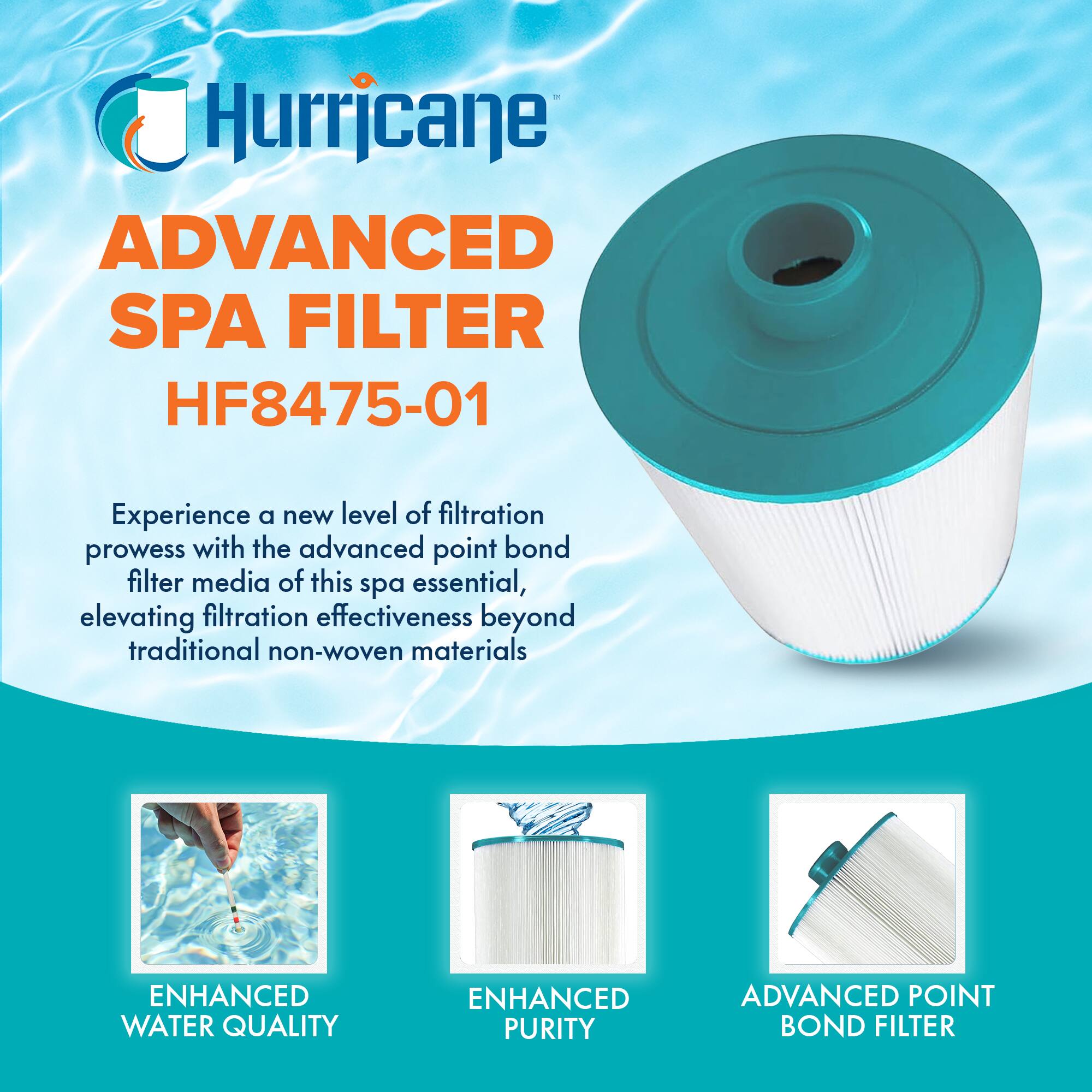 Hurricane ADVANCED SPA FILTER HF8475-01

Experience a new level of filtration prowess with the advanced point bond filter media of this spa essential, elevating filtration effectiveness beyond traditional non-woven materials

ENHANCED WATER QUALITY
ENHANCED PURITY
ADVANCED POINT BOND FILTER