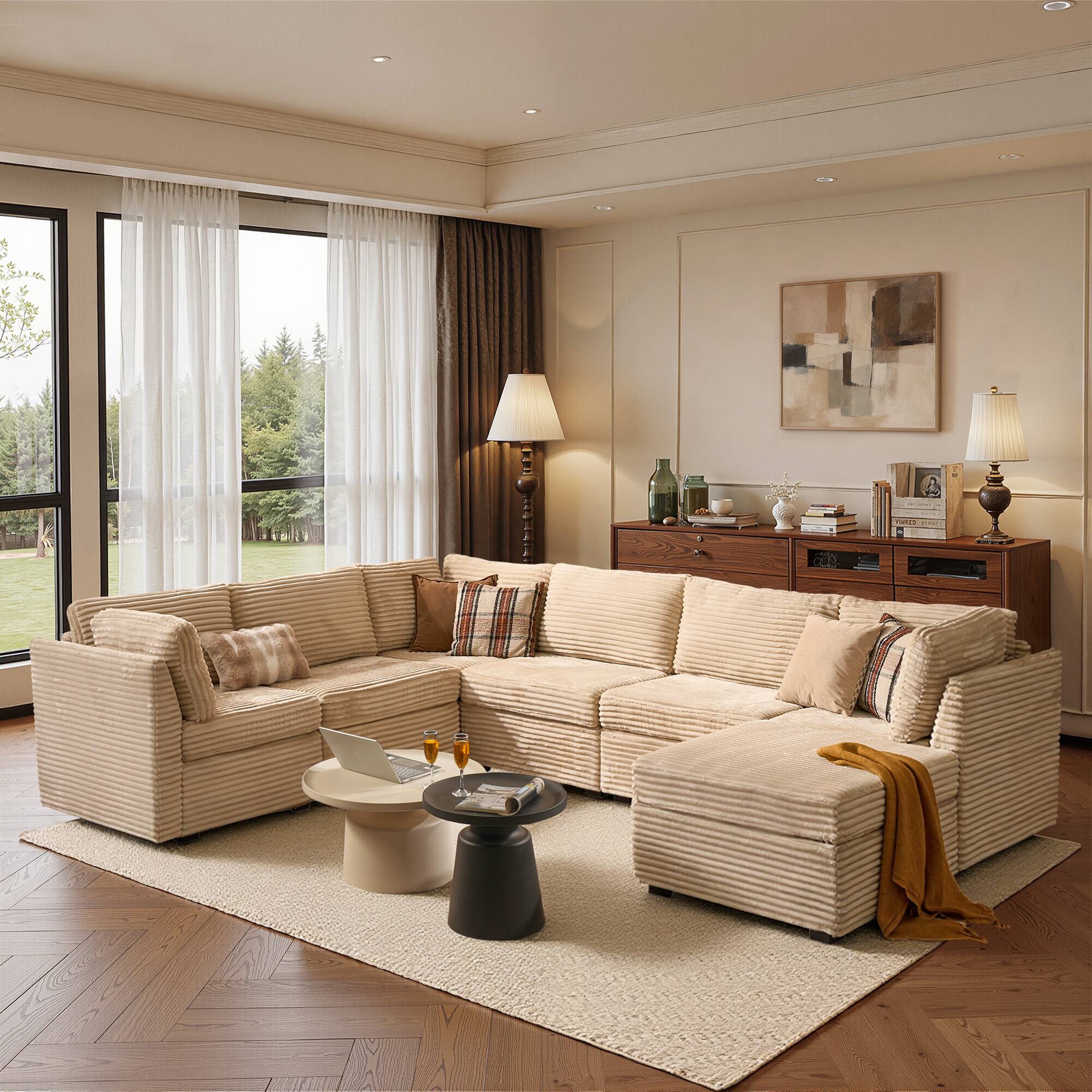 Front. Ovios - 6 Seat U Shaped Modular Sectional Sofa, Modern Deep Seat Couch with Ottoman - Beige.