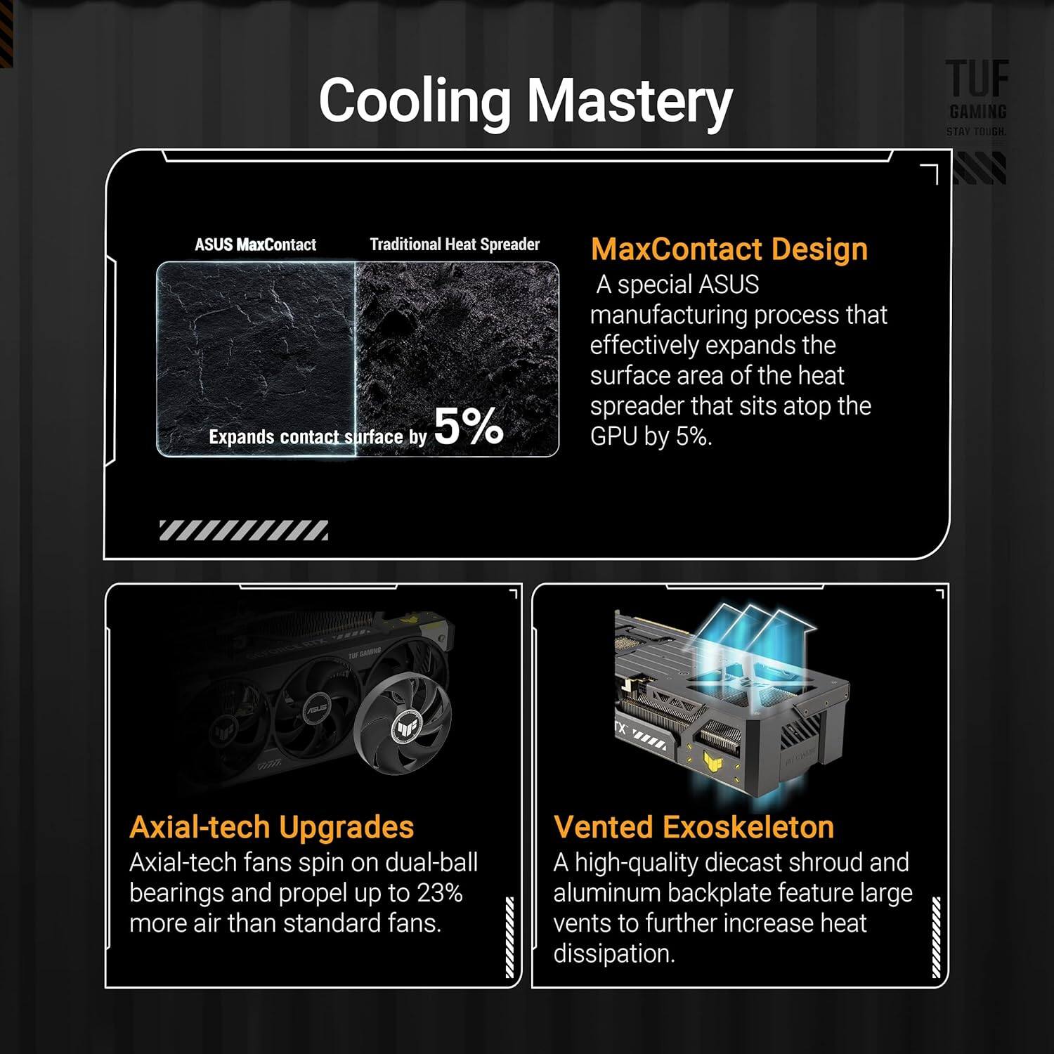 Cooling Mastery

**MaxContact Design**  
A special ASUS manufacturing process that effectively expands the surface area of the heat spreader that sits atop the GPU by 5%.

**Axial-tech Upgrades**  
Axial-tech fans spin on dual-ball bearings and propel up to 23% more air than standard fans.

**Vented Exoskeleton**  
A high-quality diecast shroud and aluminum backplate feature large vents to further increase heat dissipation.