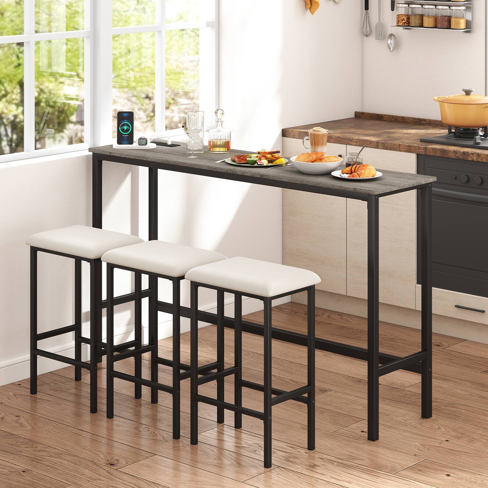 Alt View 1. Gymax - Gymax 4PCS Counter Height Bar Table w/Power Outlet 3 Padded Stools for Breakfast Nook - Gray.