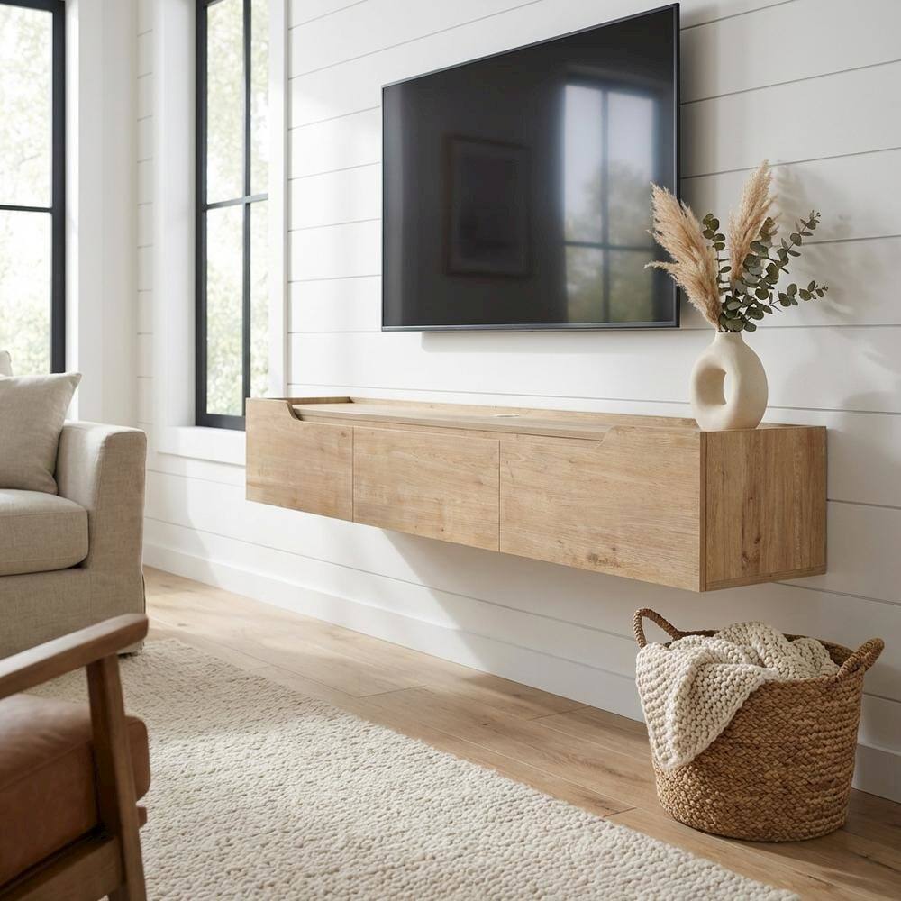 Alt View 1. FurniFact - Beige Wall-Mounted TV Stand for Up to 80 Inch Televisions with Engineered Wood - Beige.