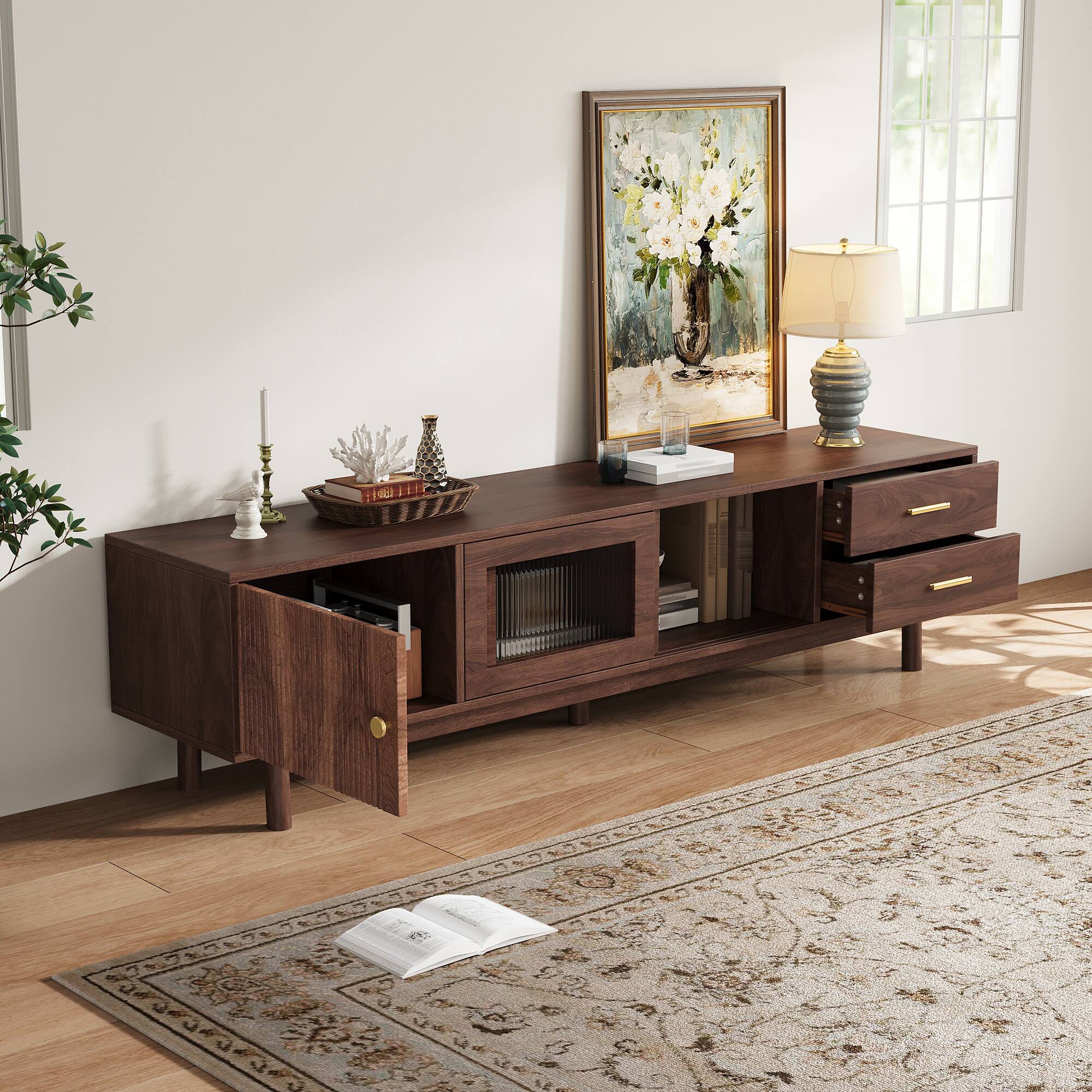 Angle. MERAVOM - Mid Century Modern TV Stand for 80" TVs, Entertainment Center with Glass Sliding Doors and 2 Drawers for Living Room - Walnut.