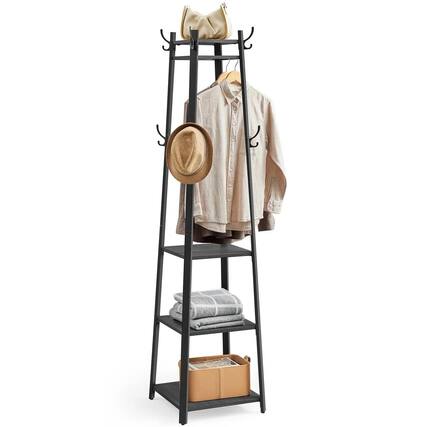 Front. SlickBlue - Entryway Metal Hall Tree with Coat Rack and Rustic Wood Display Shelves - Black.
