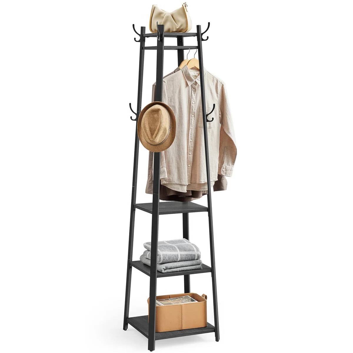 Front. SlickBlue - Entryway Metal Hall Tree with Coat Rack and Rustic Wood Display Shelves - Black.