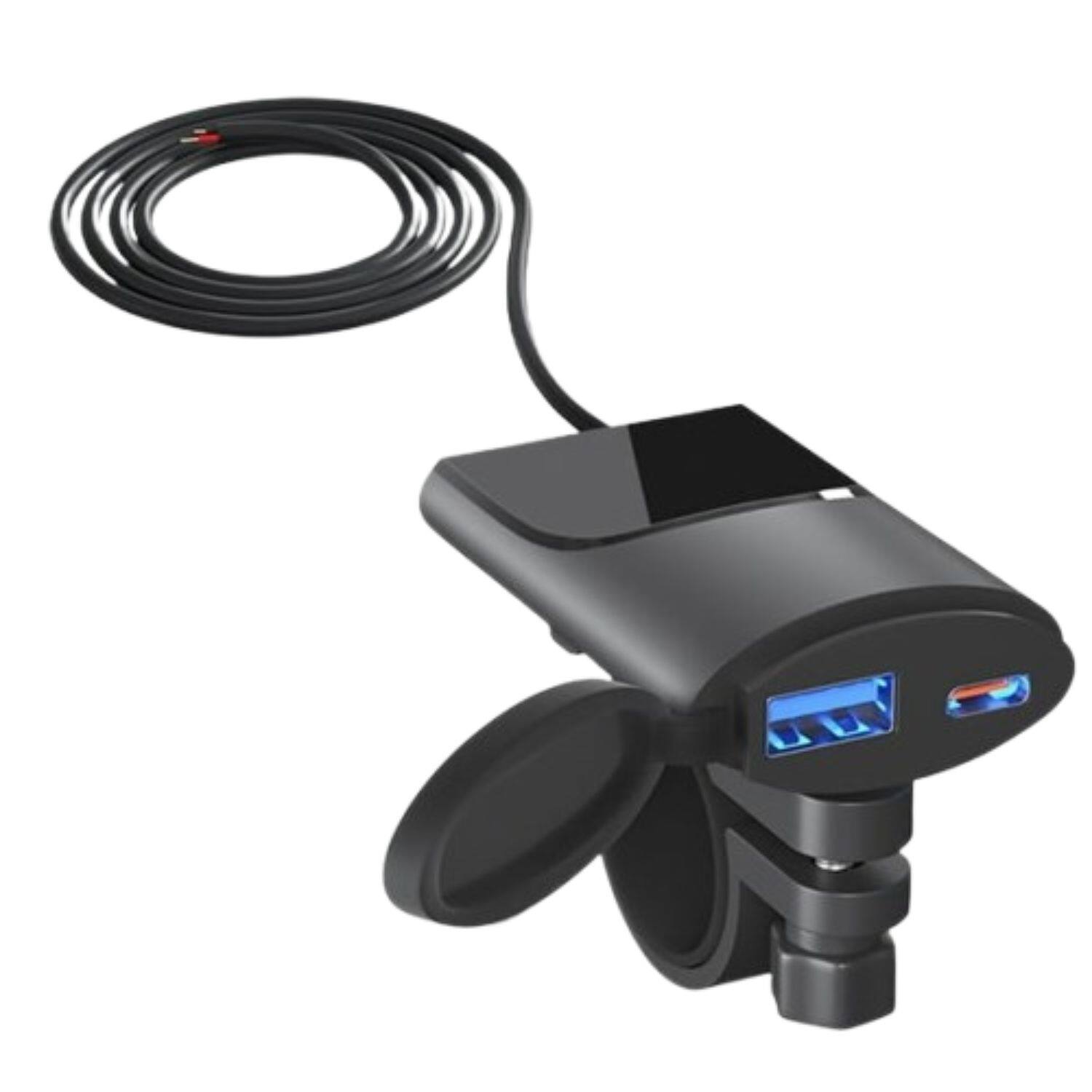 Front. Stock Preferred - Universal QC3.0+PD Dual USB Motorcycle Fast Charger Adapter - Black.