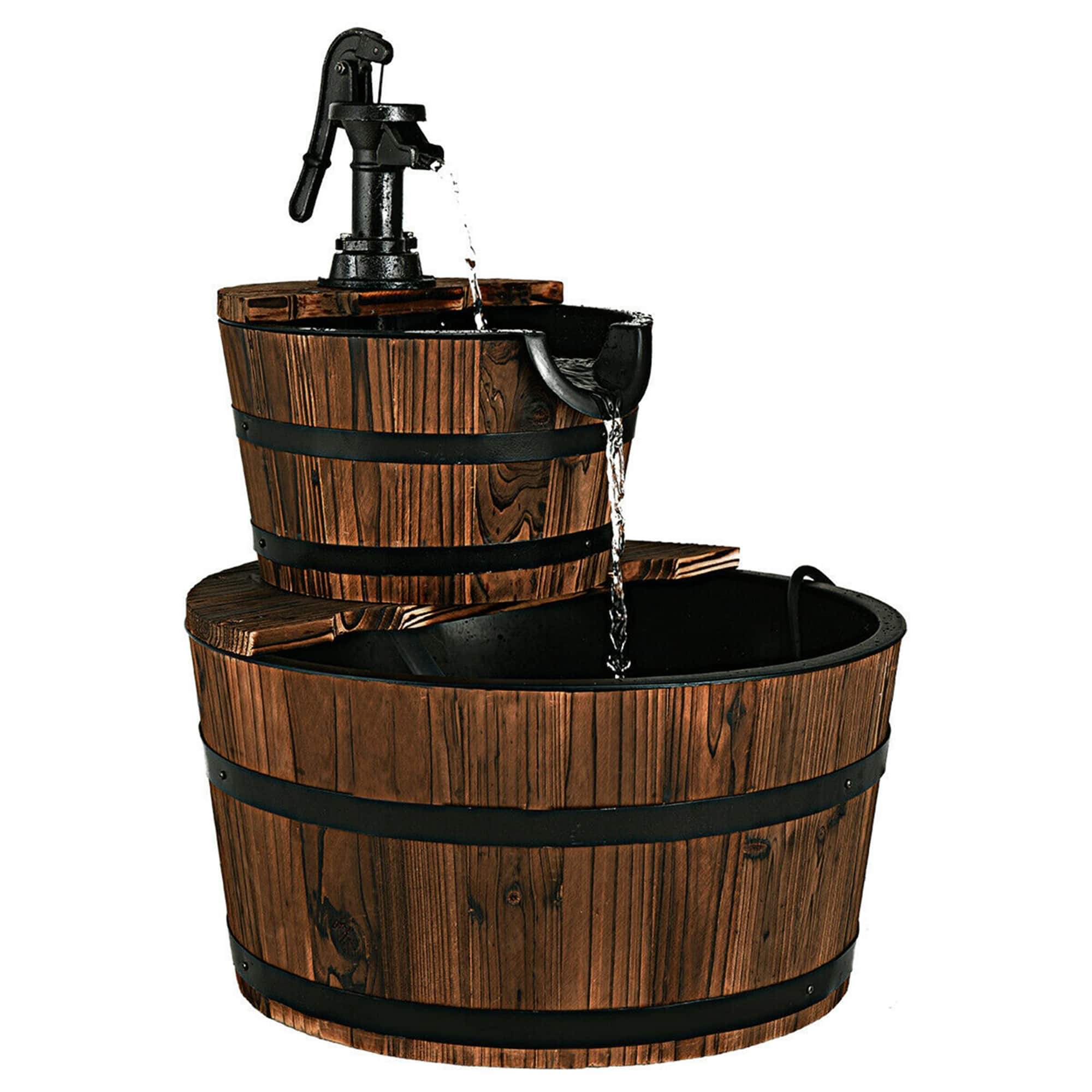 Front. Costway - 2 Tier Barrel Waterfall Fountain Barrel Wooden Water Fountain Pump Outdoor Garde - Brown.