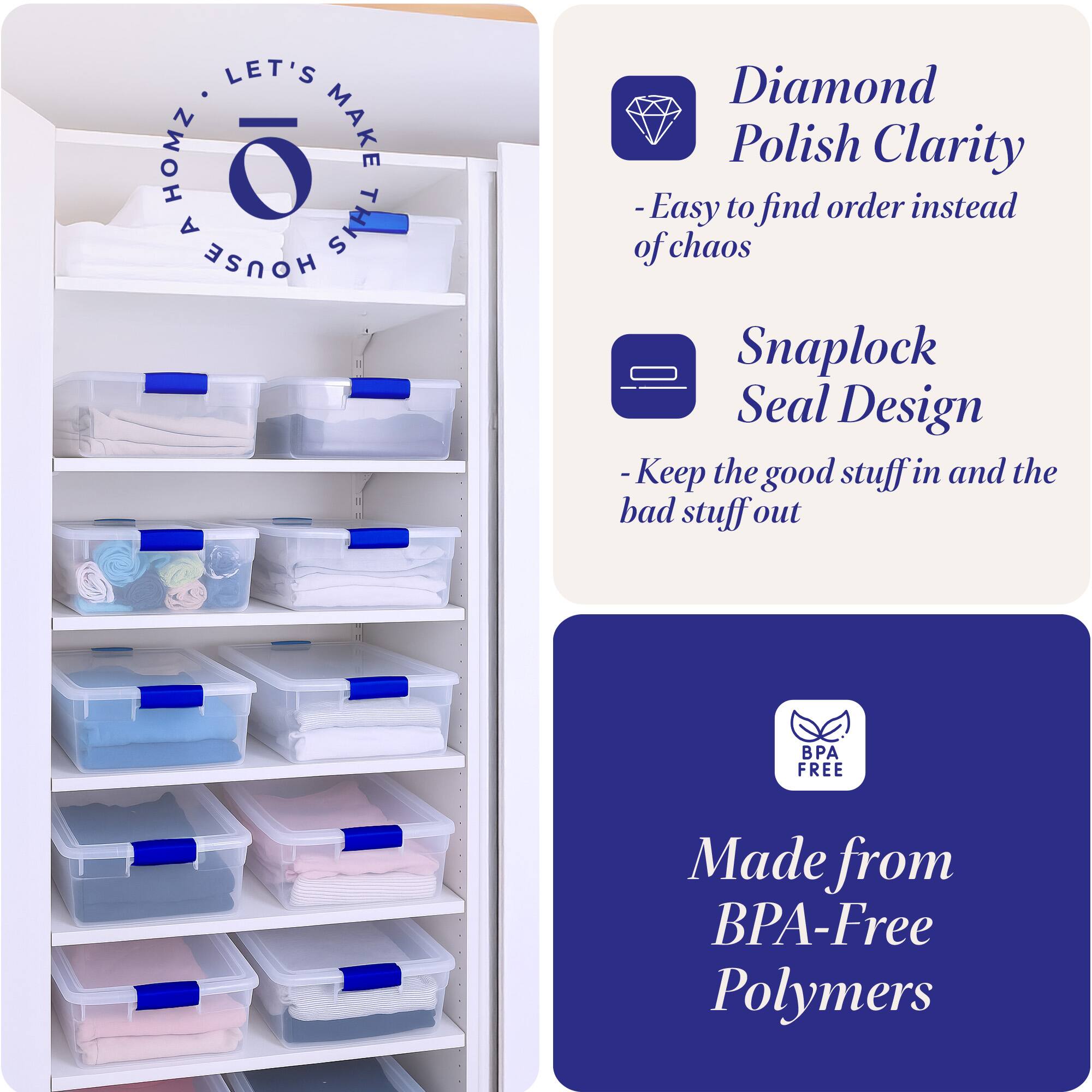 LET'S MAKE THIS HOUSE HOMZ

Diamond Polish Clarity
- Easy to find order instead of chaos

Snaplock Seal Design
- Keep the good stuff in and the bad stuff out

Made from BPA-Free Polymers
