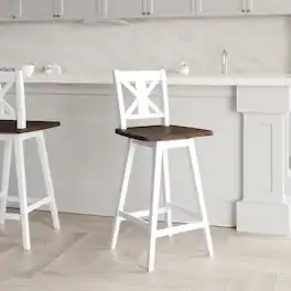 Emma + Oliver - Luther Wooden Modern Farmhouse Swivel Dining Stool with Decorative Carved Back - Antique White Wash Frame/Gray Wash Seat