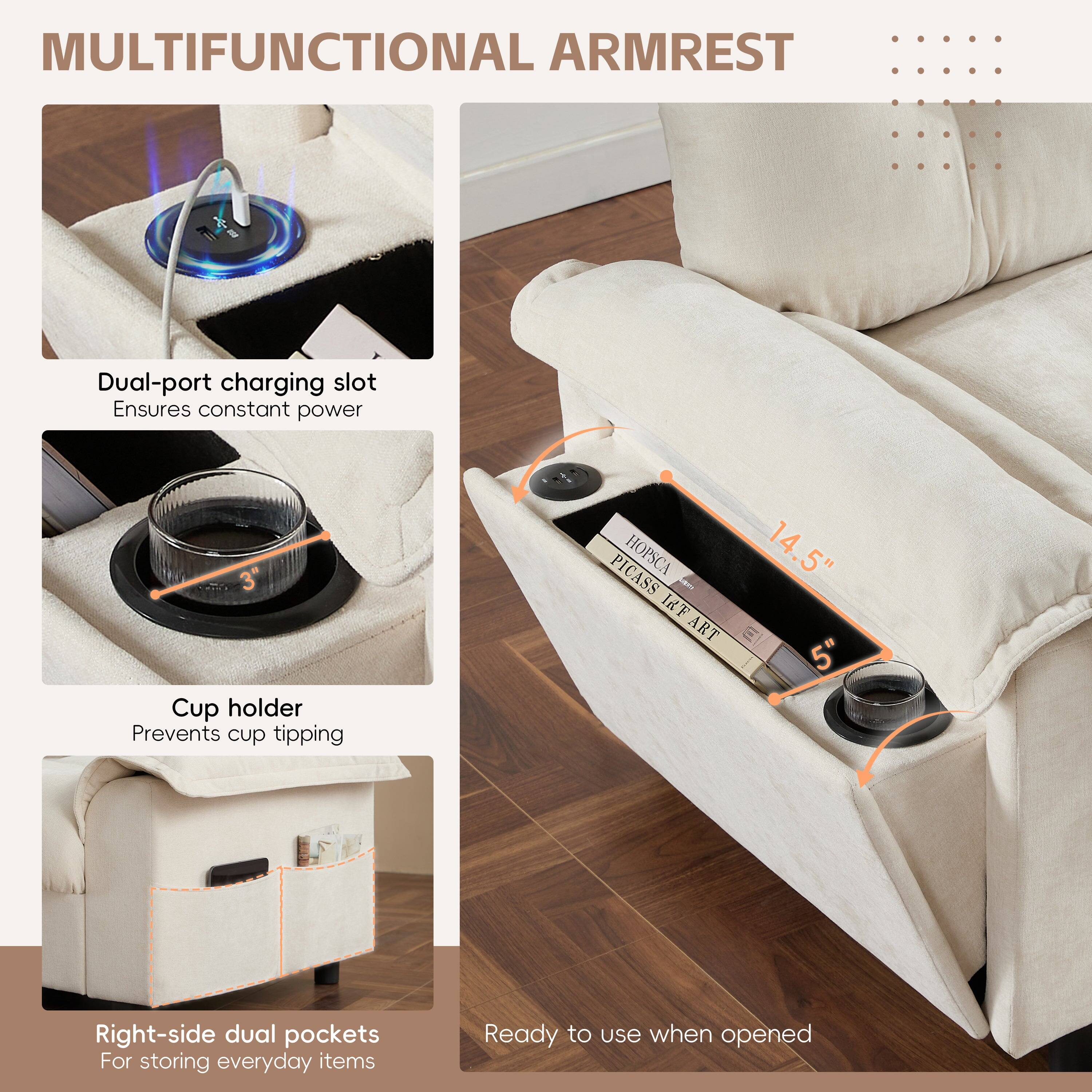 MULTIFUNCTIONAL ARMREST

- Dual-port charging slot
  Ensures constant power

- Cup holder
  Prevents cup tipping

- Right-side dual pockets
  For storing everyday items

- Ready to use when opened